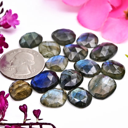 74.30cts Labradorite Rose Cut Cabochon 12x16mm - 11x13mm Mix shape AA Grade Gemstone Parcel - Total 15 Pcs