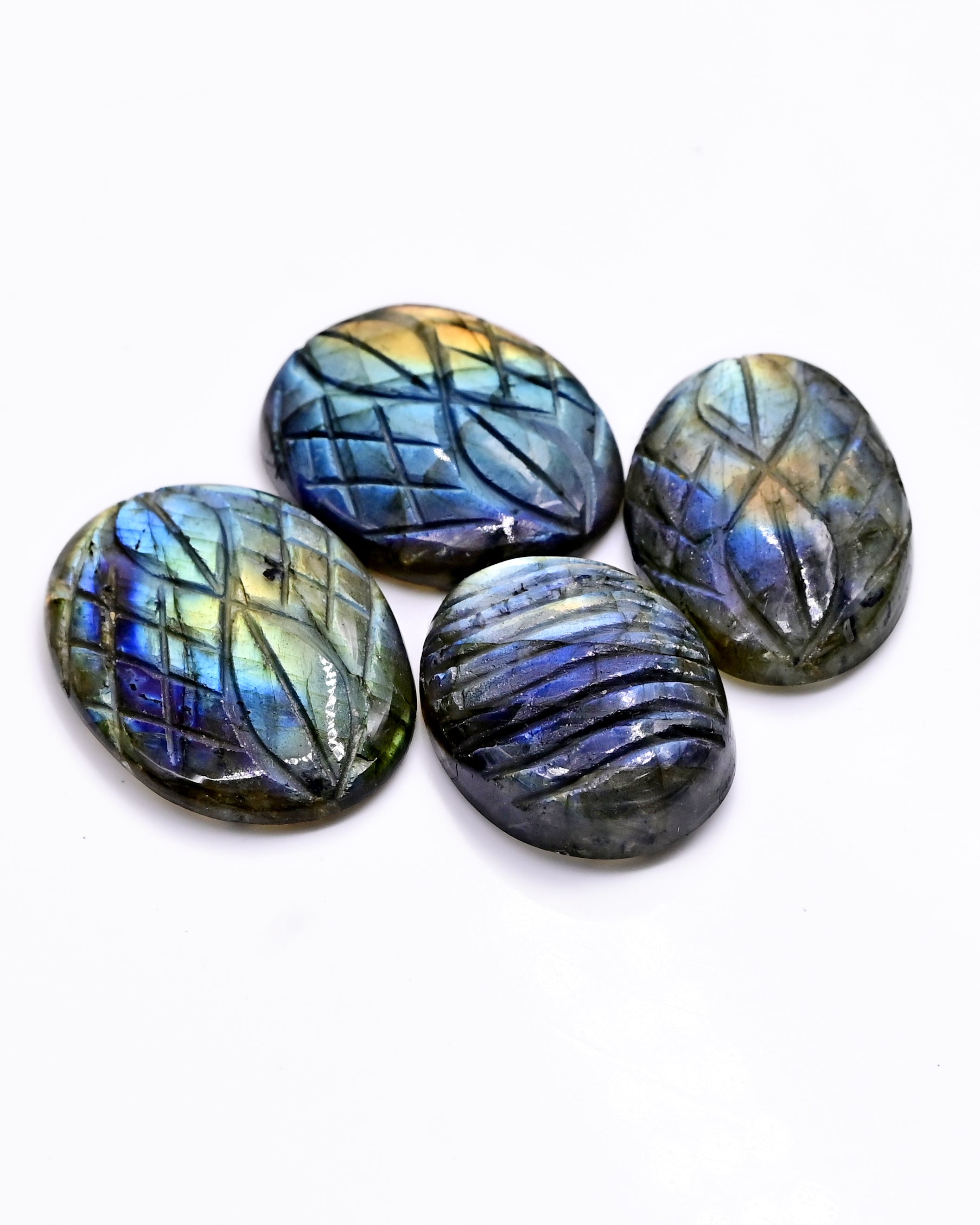 Labradorite Carved Oval Cabochons | Handcrafted Flashy Gemstones for Jewelry - 4 pieces