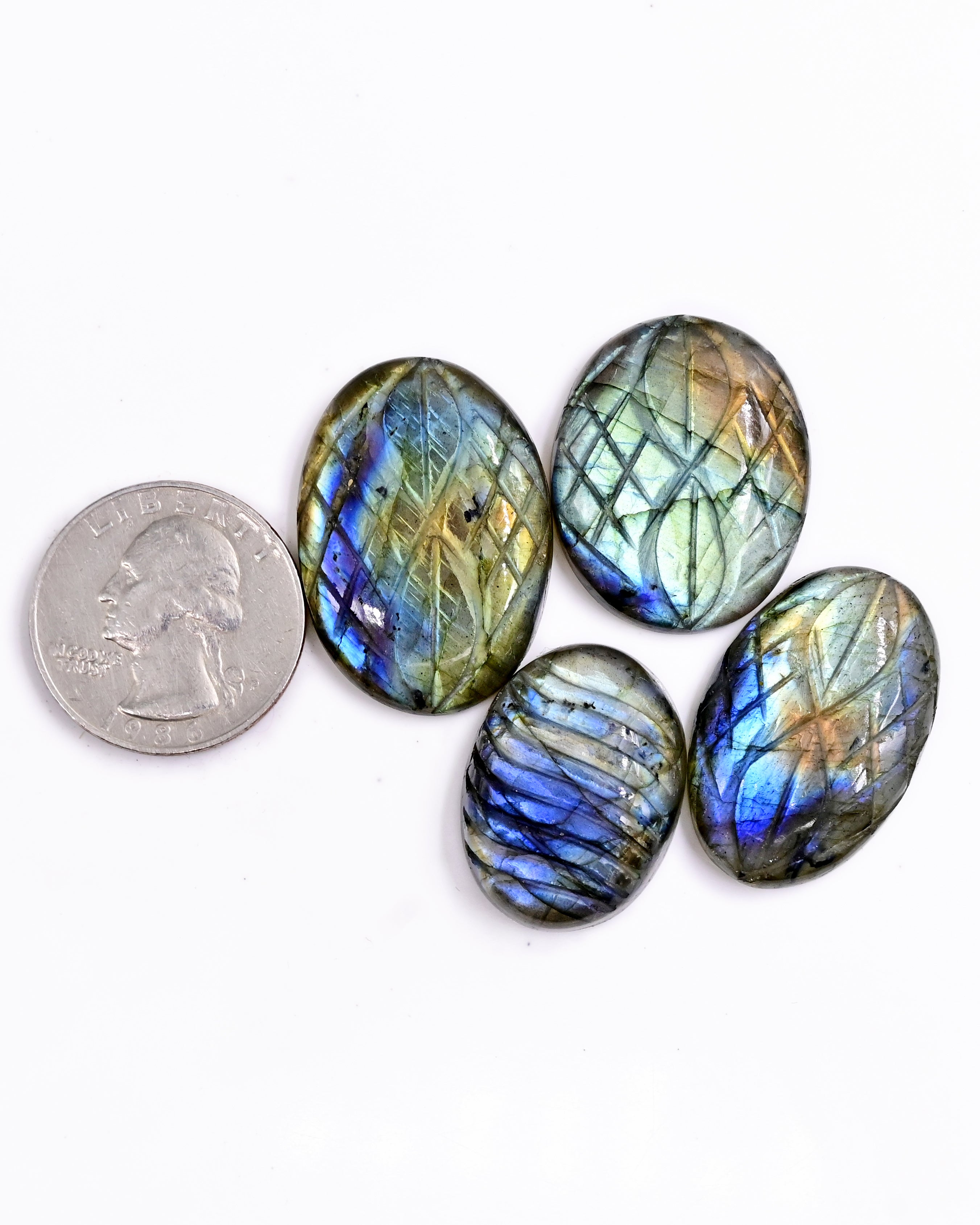 Labradorite Carved Oval Cabochons | Handcrafted Flashy Gemstones for Jewelry - 4 pieces