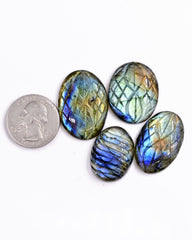 Labradorite Carved Oval Cabochons | Handcrafted Flashy Gemstones for Jewelry - 4 pieces