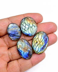 Labradorite Carved Oval Cabochons | Handcrafted Flashy Gemstones for Jewelry - 4 pieces