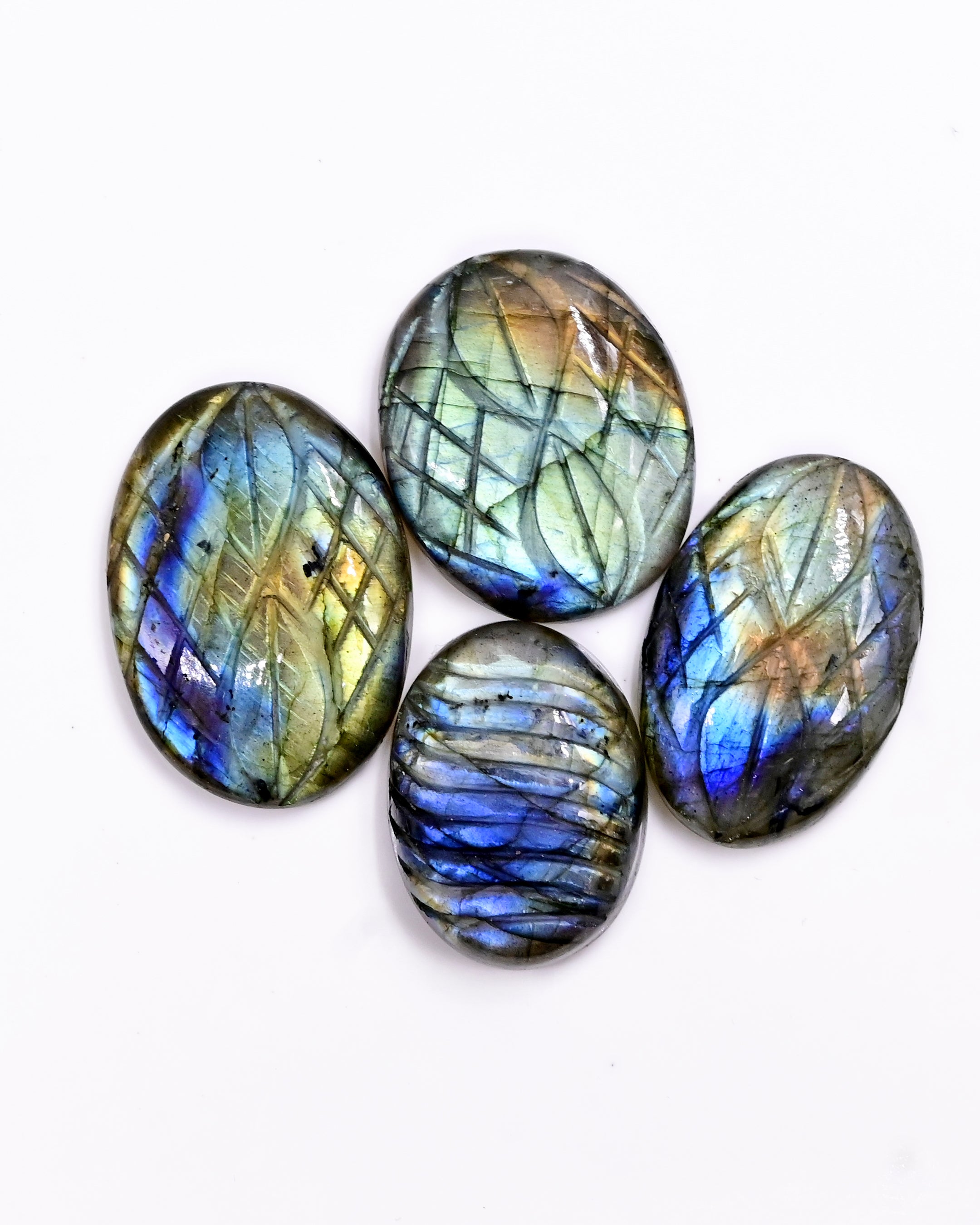 Labradorite Carved Oval Cabochons | Handcrafted Flashy Gemstones for Jewelry - 4 pieces