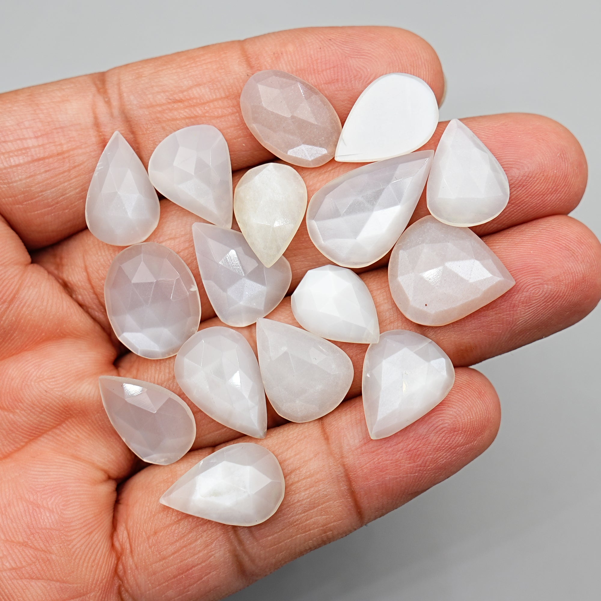 White Moonstone Rose Cut Cabochons | Ethereal Glow in Mixed Shapes - 16 Pieces