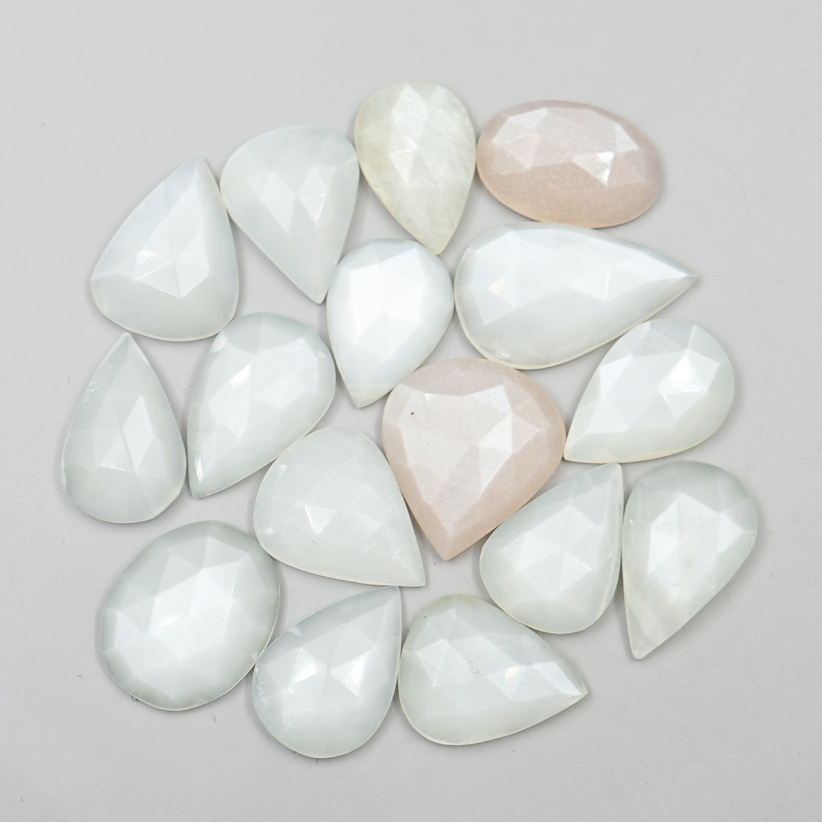 White Moonstone Rose Cut Cabochons | Ethereal Glow in Mixed Shapes - 16 Pieces