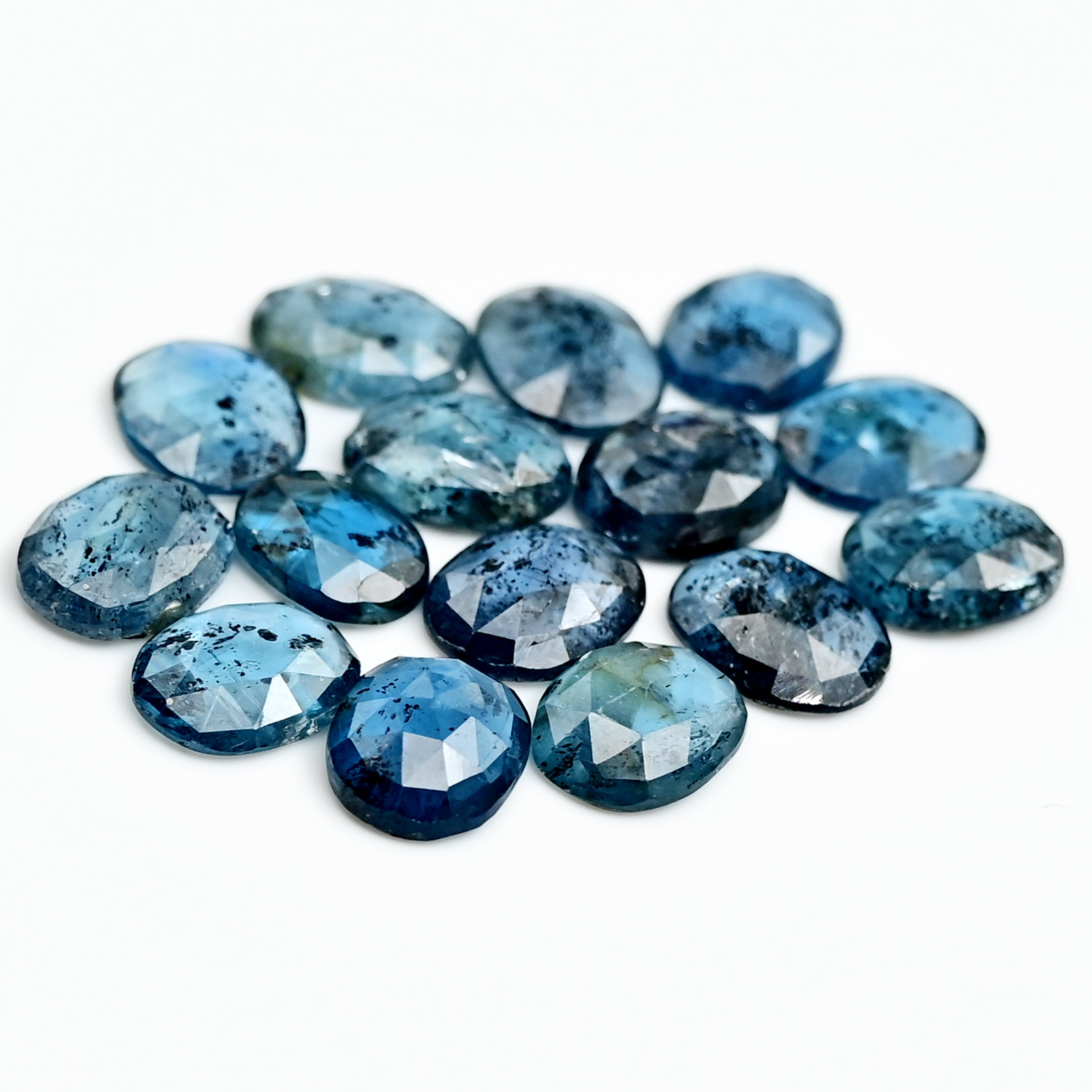 Teal Moss Kyanite Rose Cut Oval Cabochons | Faceted Natural Stones for Jewelry - 15 pieces