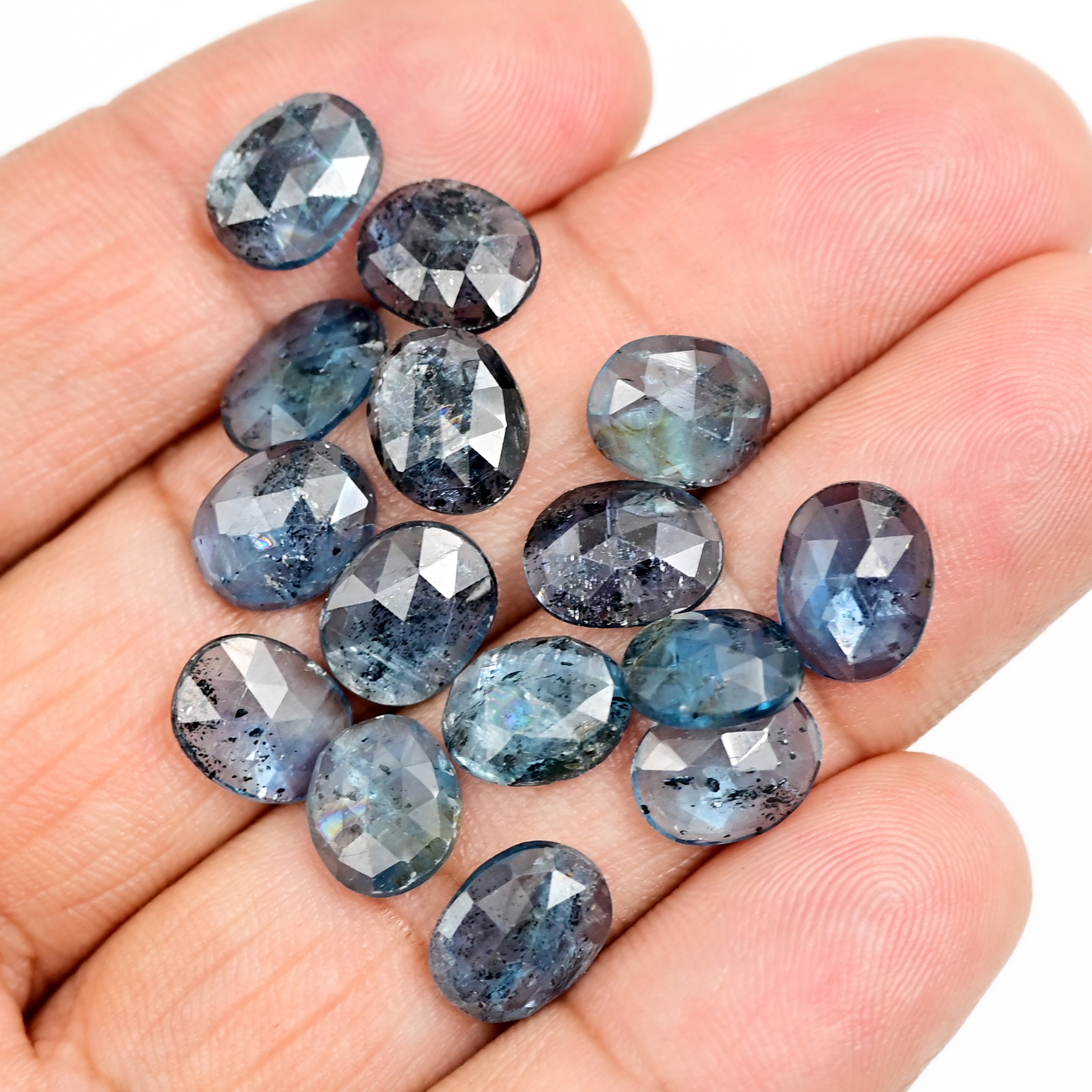 Teal Moss Kyanite Rose Cut Oval Cabochons | Faceted Natural Stones for Jewelry - 15 pieces