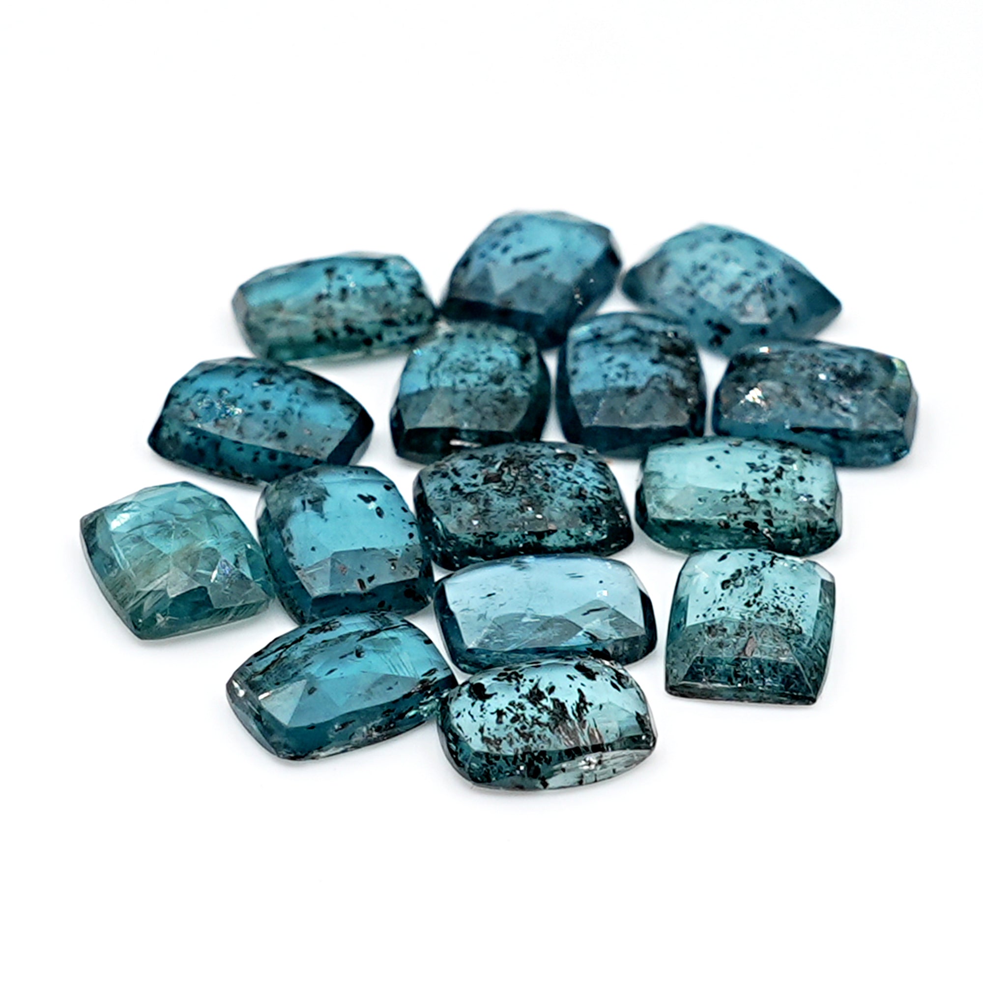 Teal Moss Kyanite Rectangle Rosecut Gemstones | Natural Blue-Green Flat Back Cabochons - 15 pieces