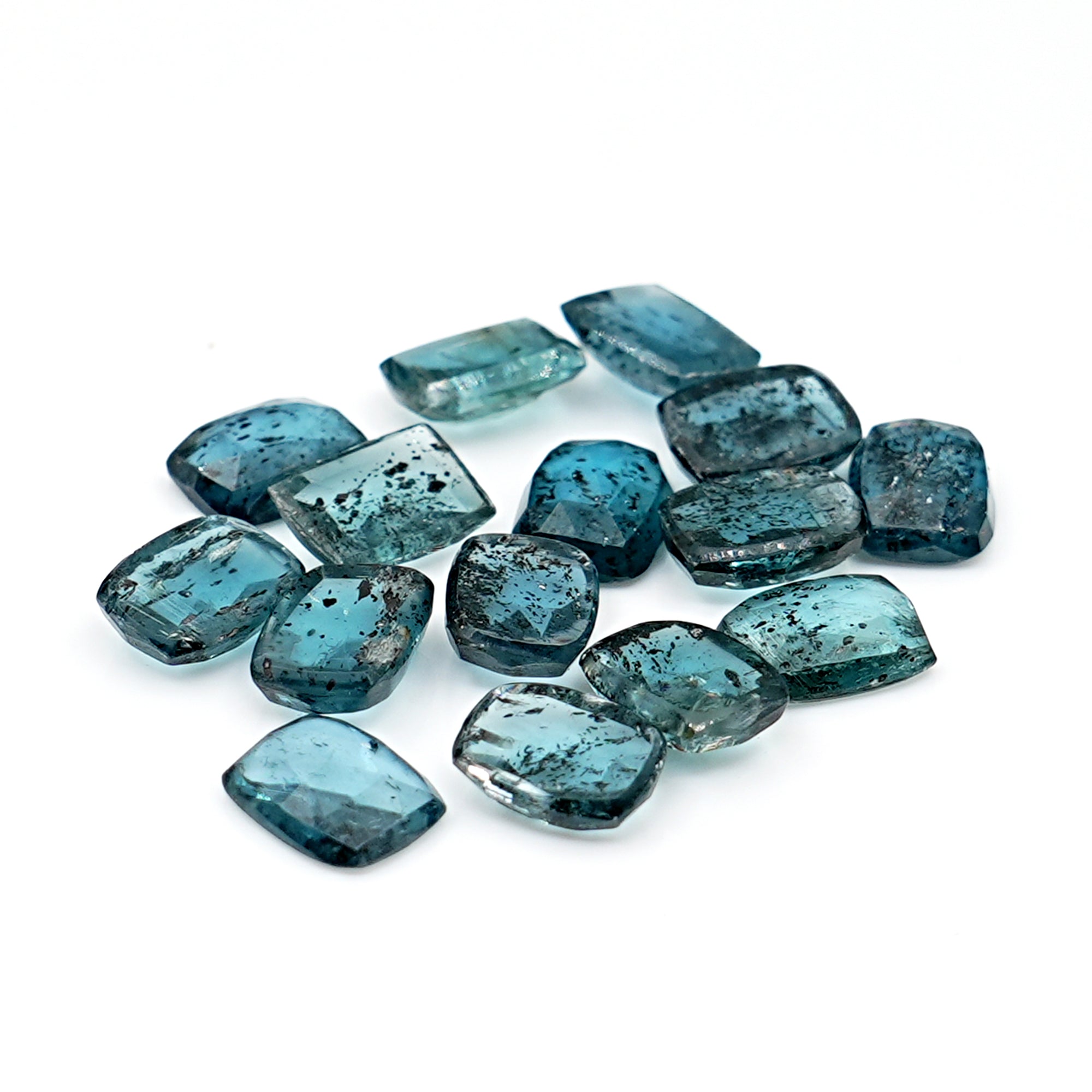 Teal Moss Kyanite Rectangle Rosecut Gemstones | Natural Blue-Green Flat Back Cabochons - 15 pieces