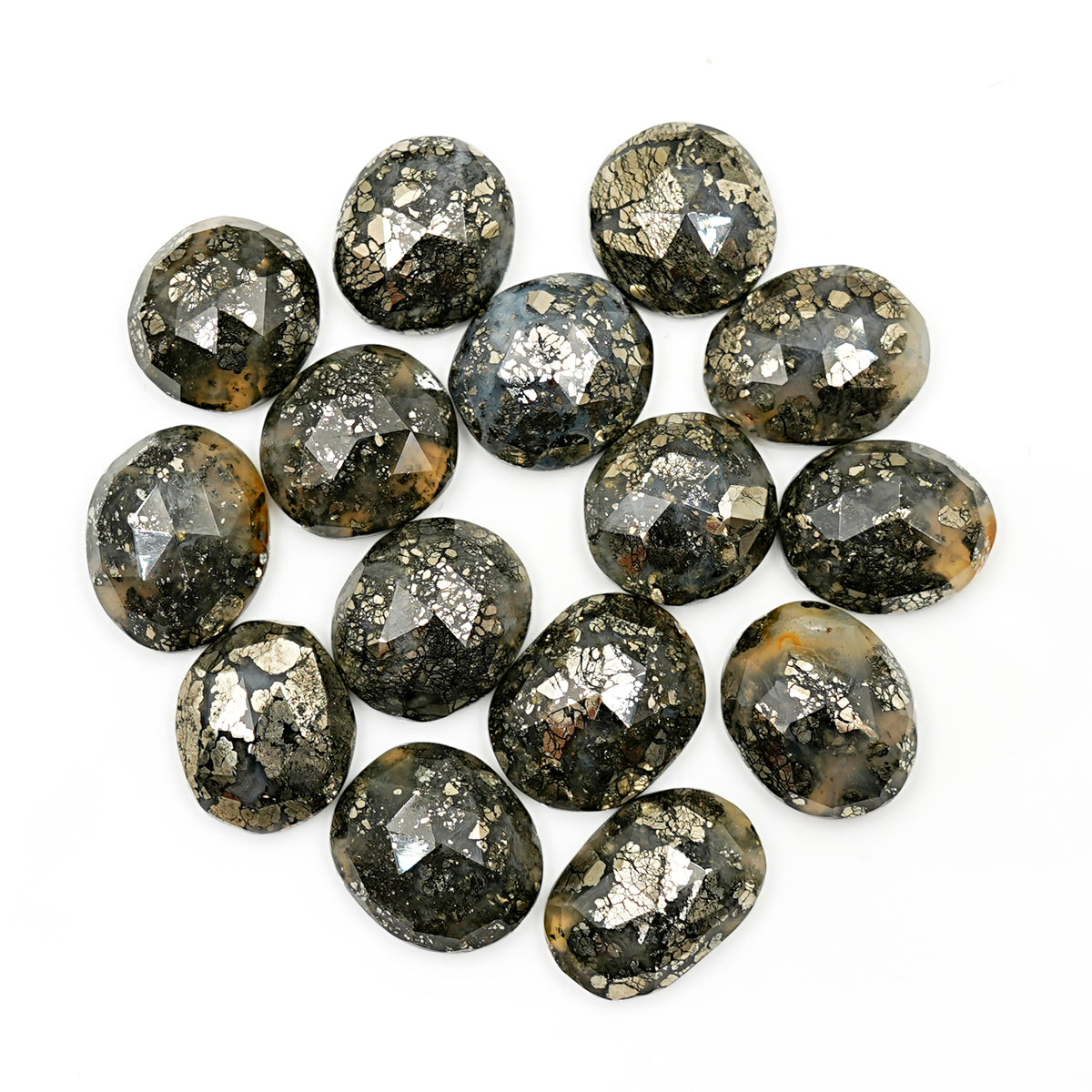 Nipomo Marcasite Rosecut Cabochons |  Metallic Earth-Tone Sparkle Gems - 15 Pieces
