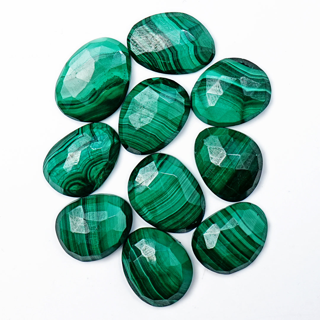 Malachite Rose Cut Gemstones | Natural Green Malachite Cabochons for Jewelry Making - 10 Pieces