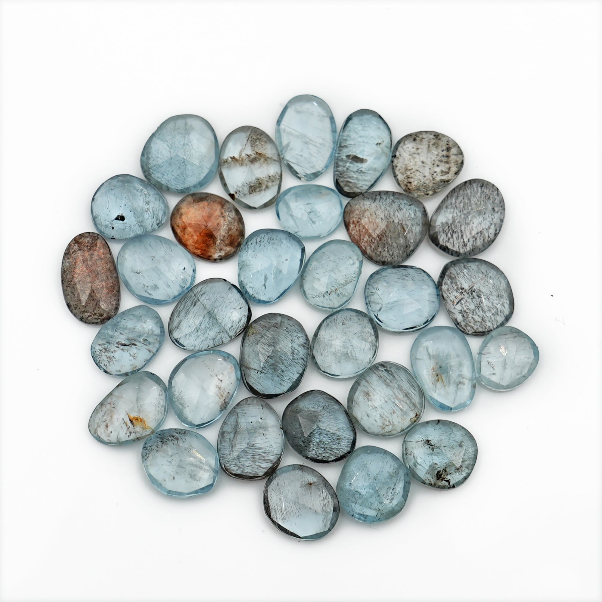Natural Moss Aquamarine Rose Cut Cabochons | Freeform Gemstones for Jewelry Making - 31 Pieces