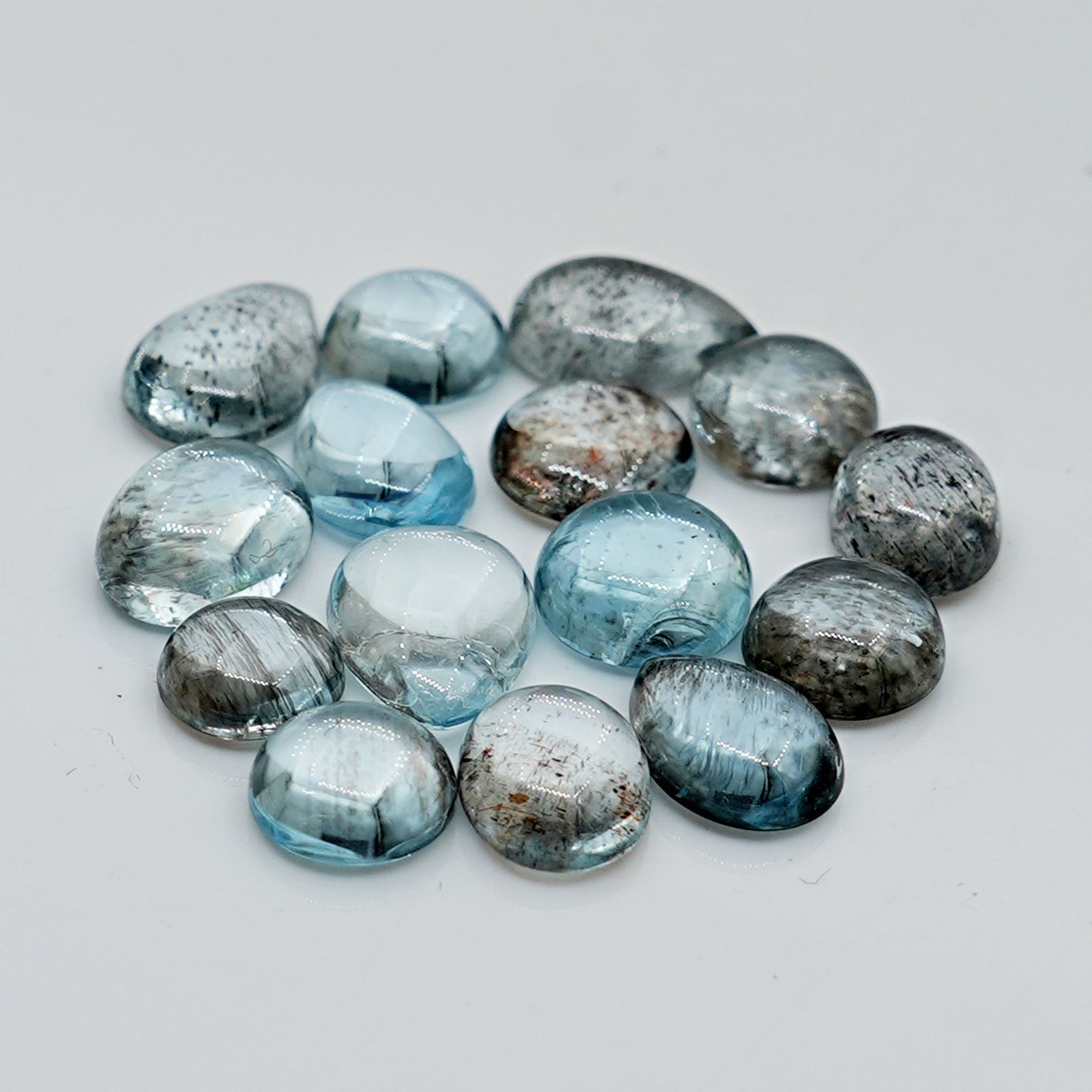 Moss Aquamarine Smooth Cabochons | Freeform Polished Crystals for Jewelry Making - 15 Pieces
