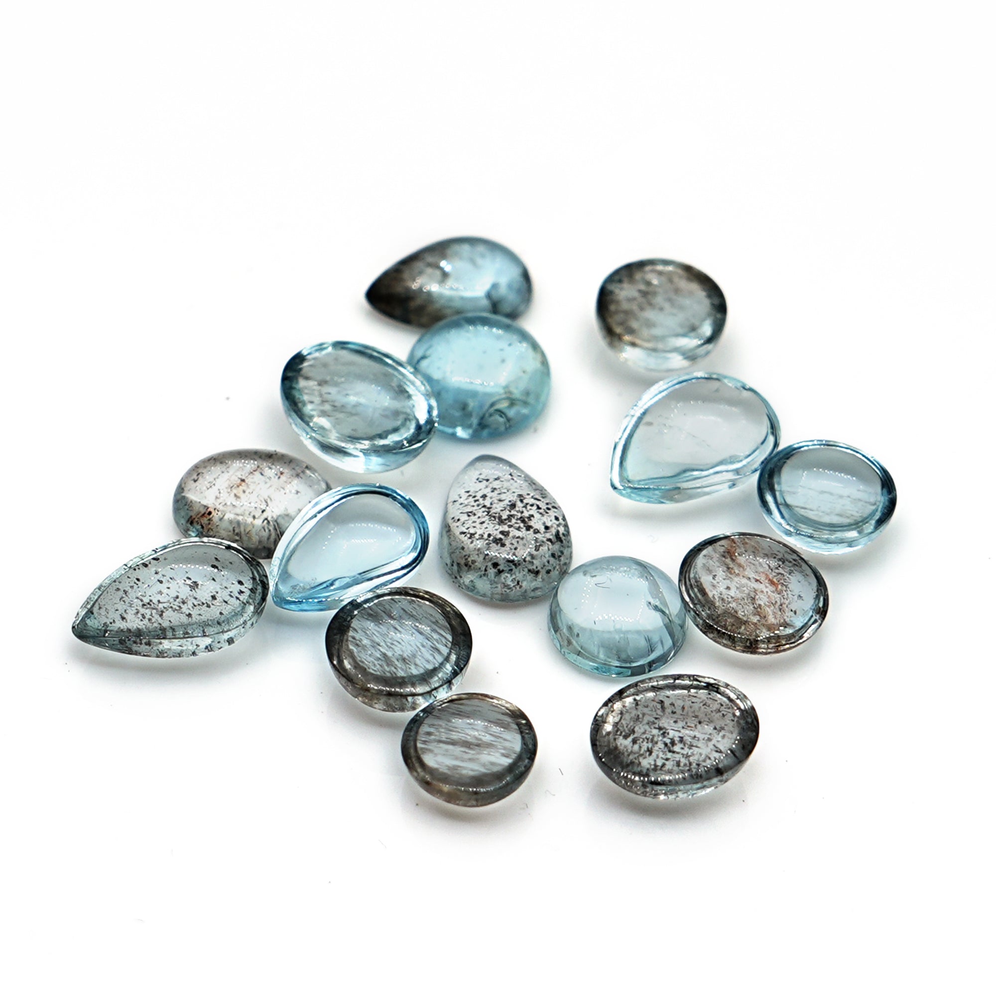 Moss Aquamarine Smooth Cabochons | Freeform Polished Crystals for Jewelry Making - 15 Pieces