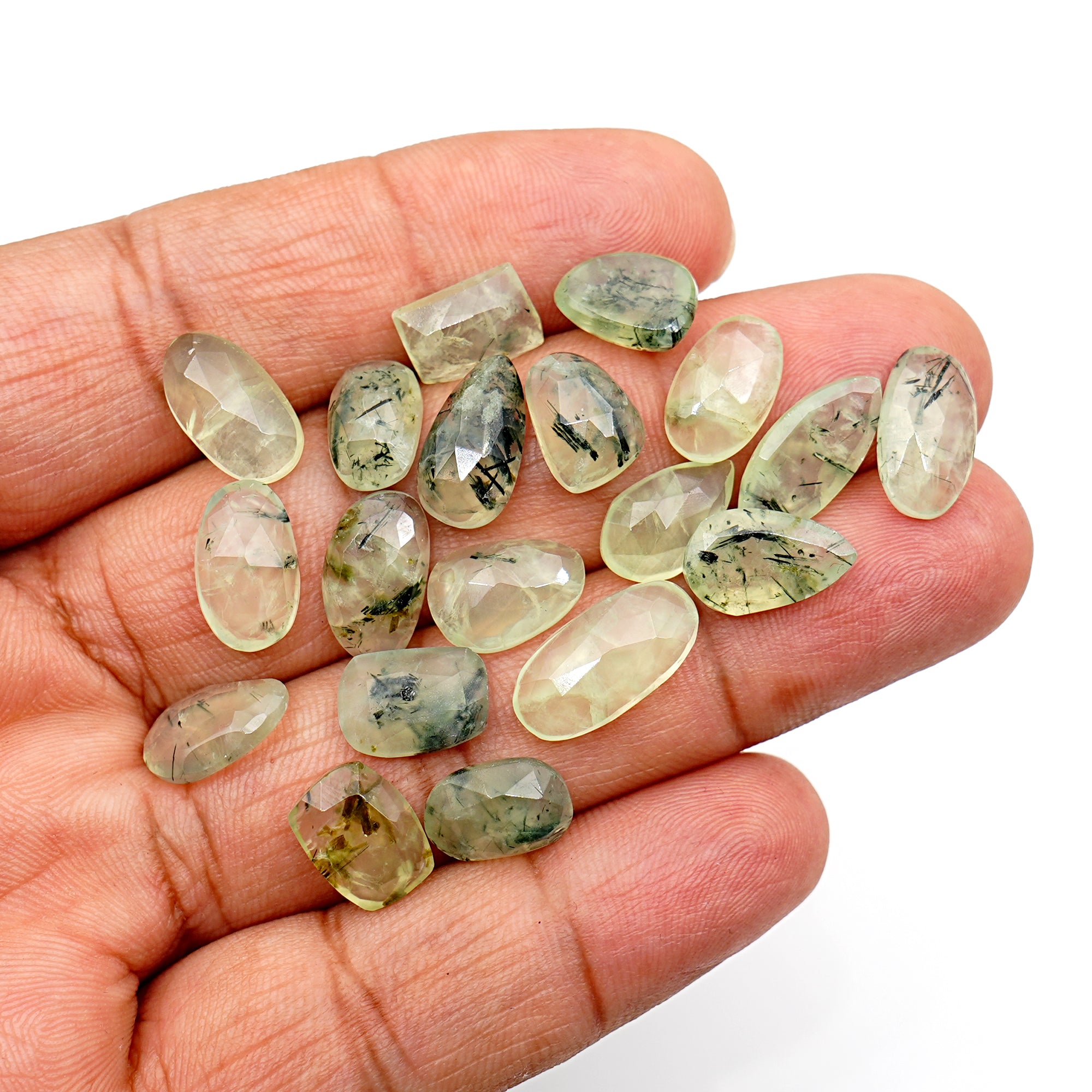 Prehnite Rosecut Cabochons | Mix Shape Flat Back Gemstones for Jewelry Making - 19 Pieces