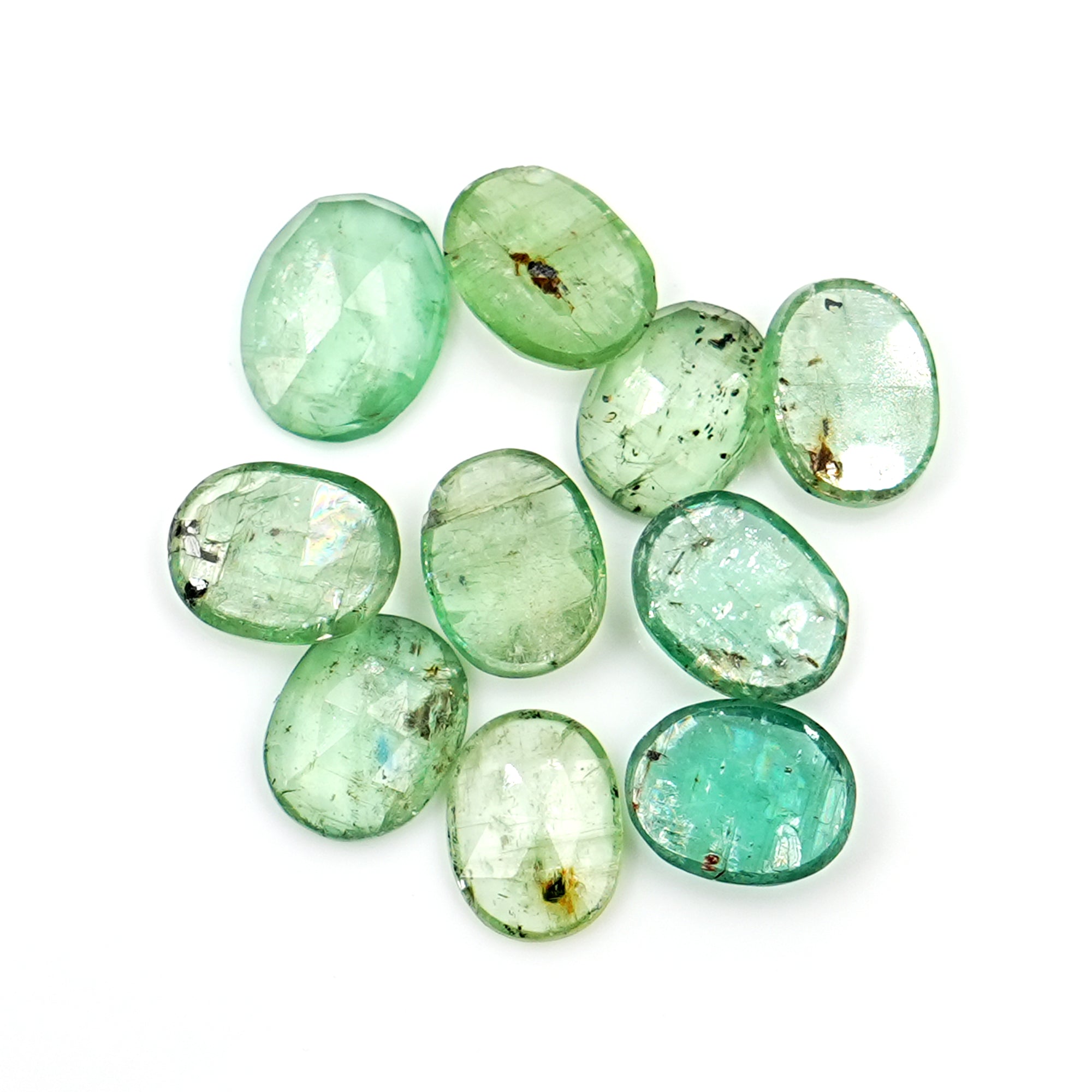 Green Kyanite Rosecut Oval Cabochons | Faceted Natural Stones for Jewelry Making - 10 Pieces