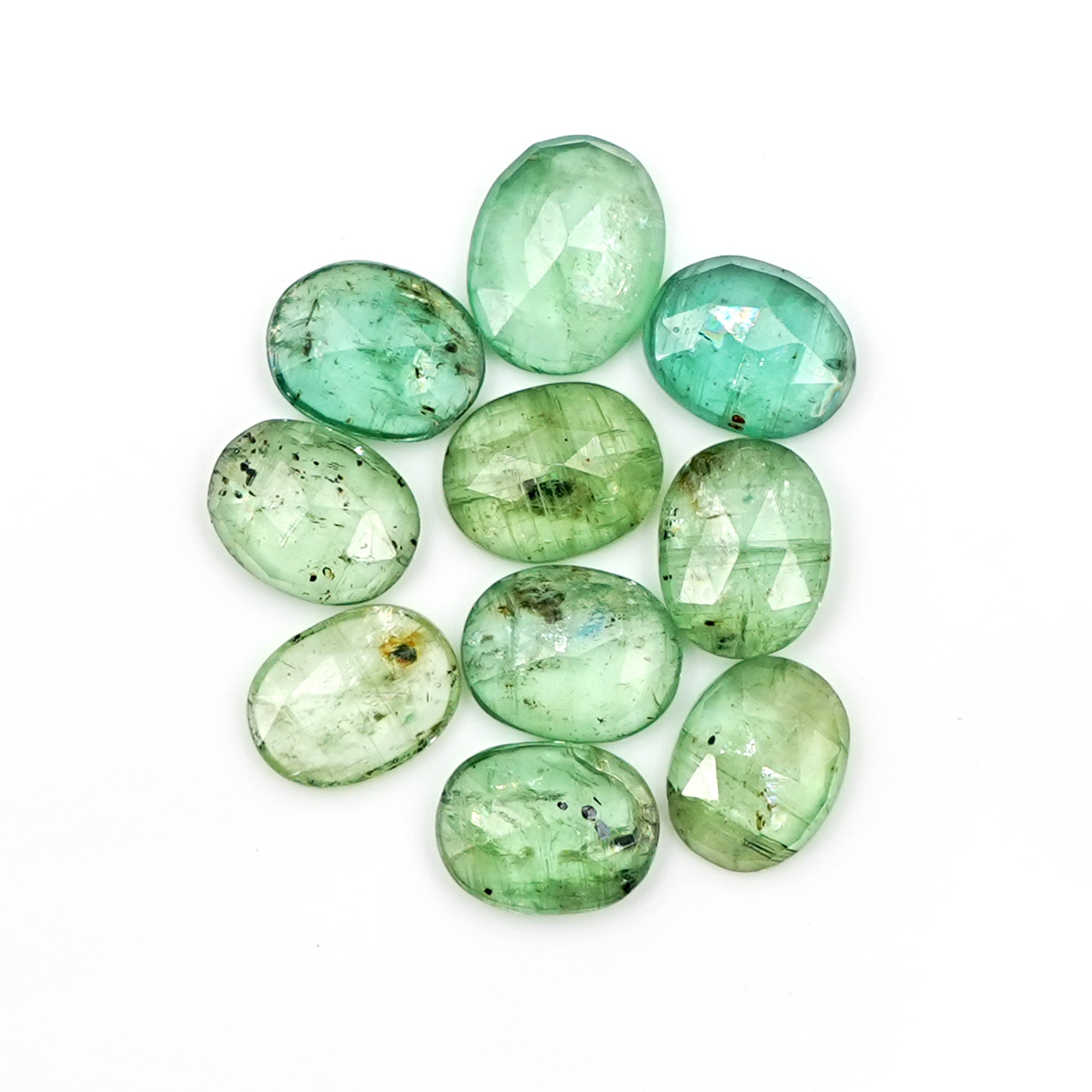 Green Kyanite Rosecut Oval Cabochons | Faceted Natural Stones for Jewelry Making - 10 Pieces