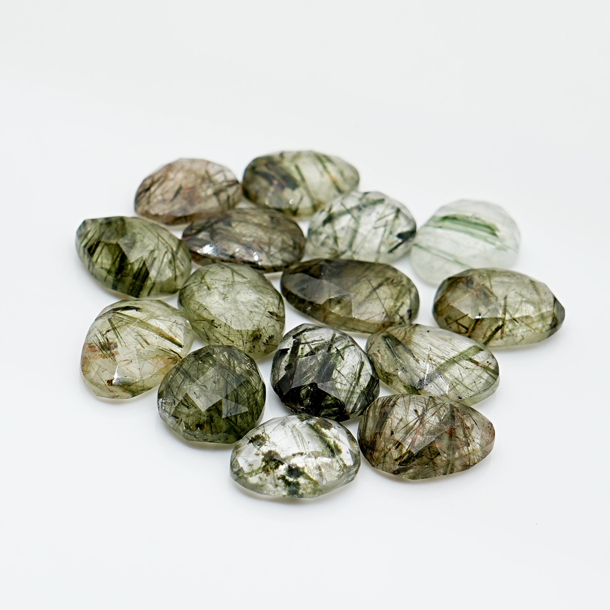 Green Rutilated Quartz Rosecut Pears | Natural Faceted Cabochons For Jewelry Making - 15 Pieces