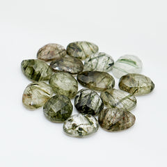 Green Rutilated Quartz Rosecut Pears | Natural Faceted Cabochons For Jewelry Making - 15 Pieces