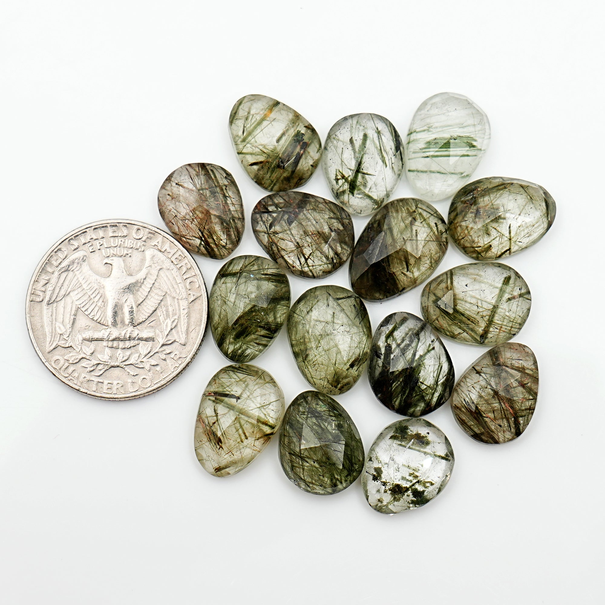 Green Rutilated Quartz Rosecut Pears | Natural Faceted Cabochons For Jewelry Making - 15 Pieces