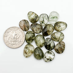Green Rutilated Quartz Rosecut Pears | Natural Faceted Cabochons For Jewelry Making - 15 Pieces