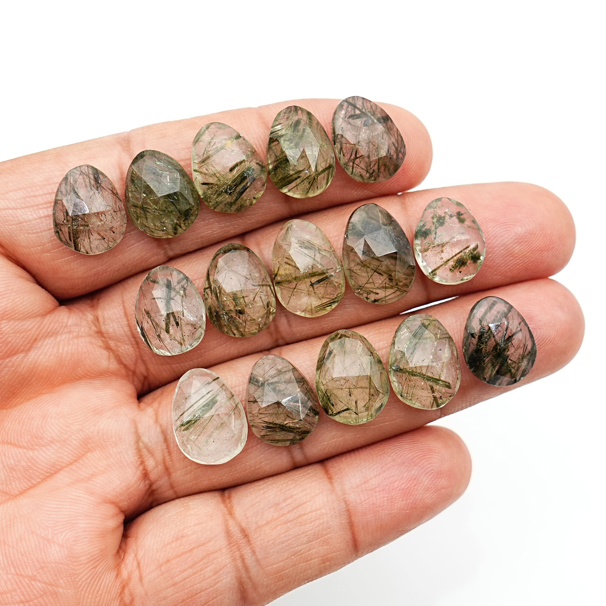 Green Rutilated Quartz Rosecut Pears | Natural Faceted Cabochons For Jewelry Making - 15 Pieces