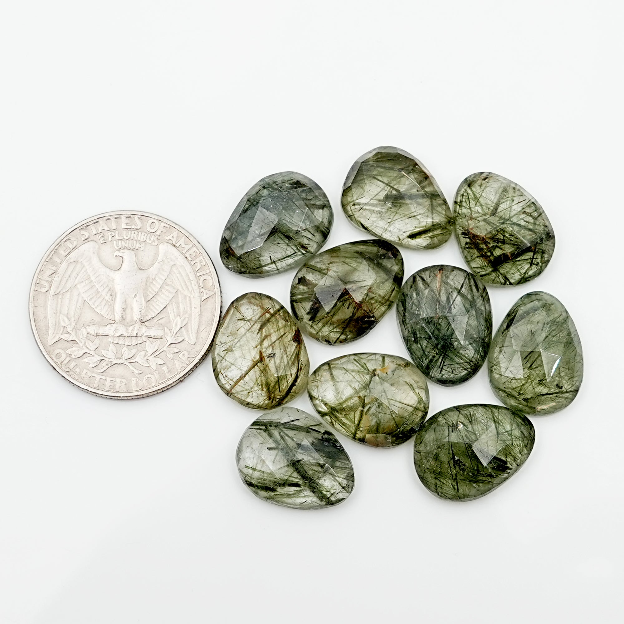 Large Green Rutilated Quartz Rosecut Pears | Natural Faceted Gemstones Lot - 10 Pieces