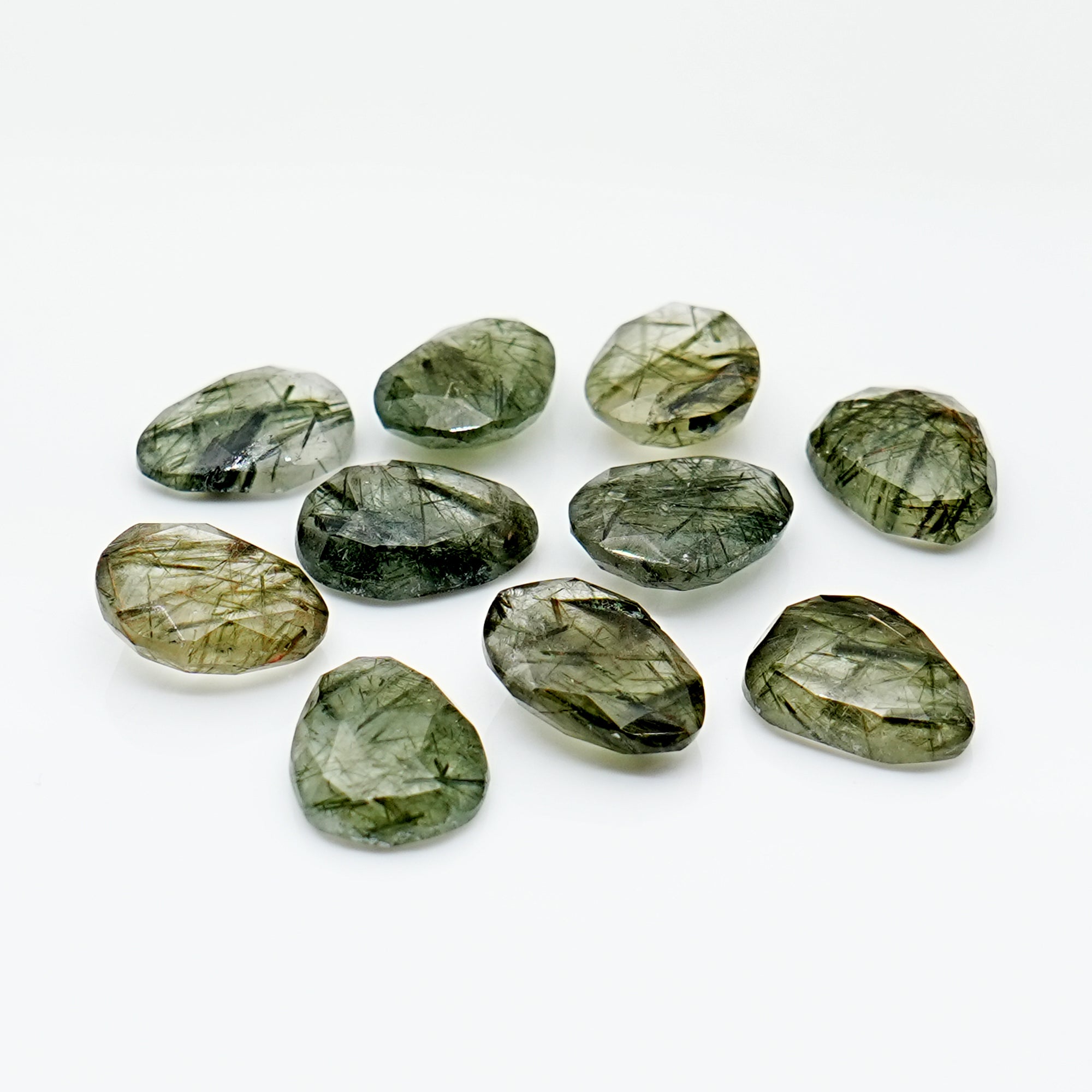 Large Green Rutilated Quartz Rosecut Pears | Natural Faceted Gemstones Lot - 10 Pieces