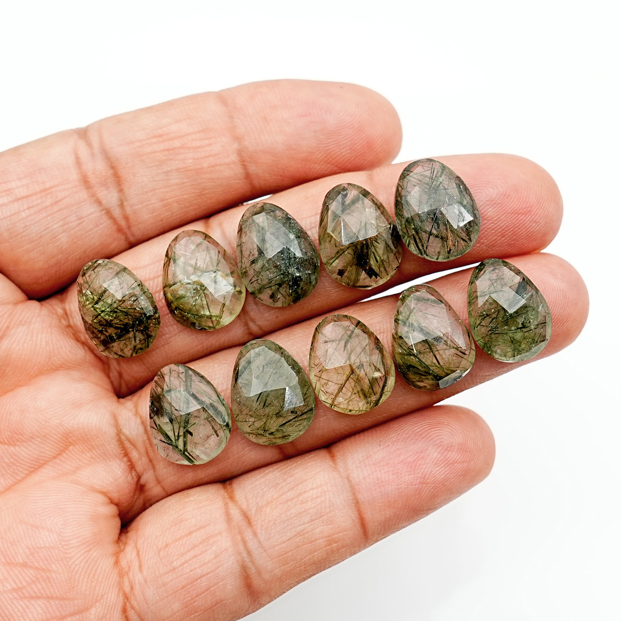 Large Green Rutilated Quartz Rosecut Pears | Natural Faceted Gemstones Lot - 10 Pieces