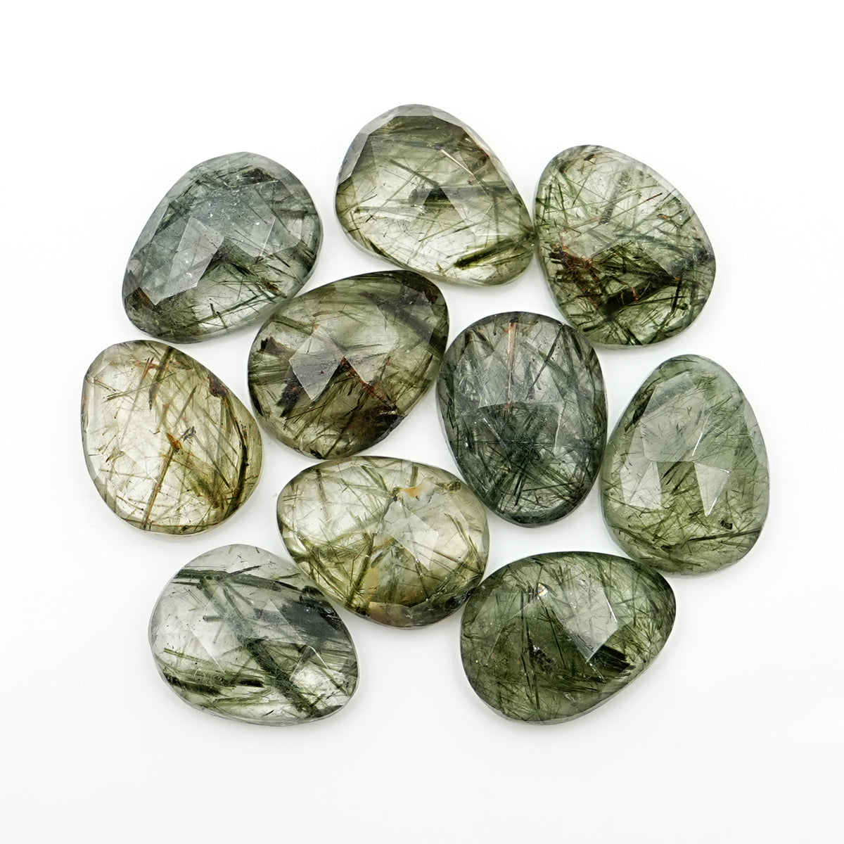 Large Green Rutilated Quartz Rosecut Pears | Natural Faceted Gemstones Lot - 10 Pieces