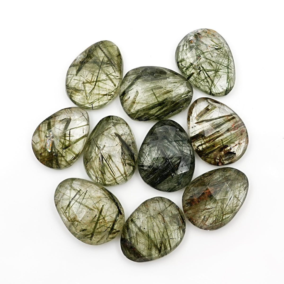 Natural Green Rutilated Quartz Rosecut Cabochons | Freeform Gemstones for Jewelry Making - 10 Pieces