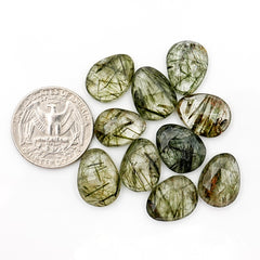 Natural Green Rutilated Quartz Rosecut Cabochons | Freeform Gemstones for Jewelry Making - 10 Pieces