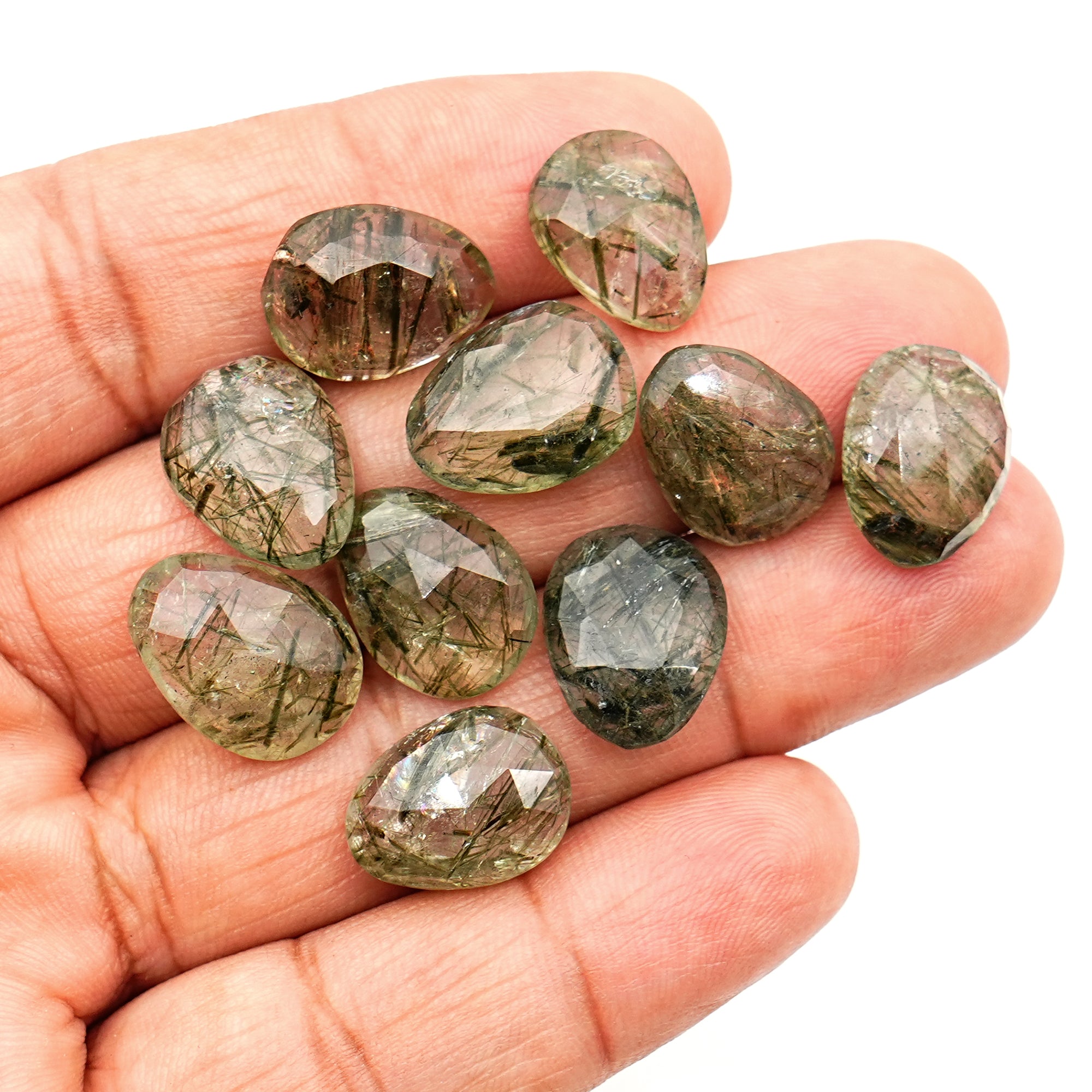 Natural Green Rutilated Quartz Rosecut Cabochons | Freeform Gemstones for Jewelry Making - 10 Pieces