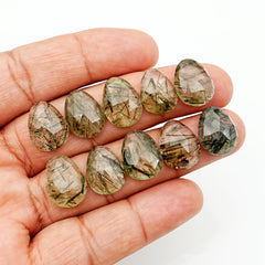 Natural Green Rutilated Quartz Rosecut Cabochons | Freeform Gemstones for Jewelry Making - 10 Pieces