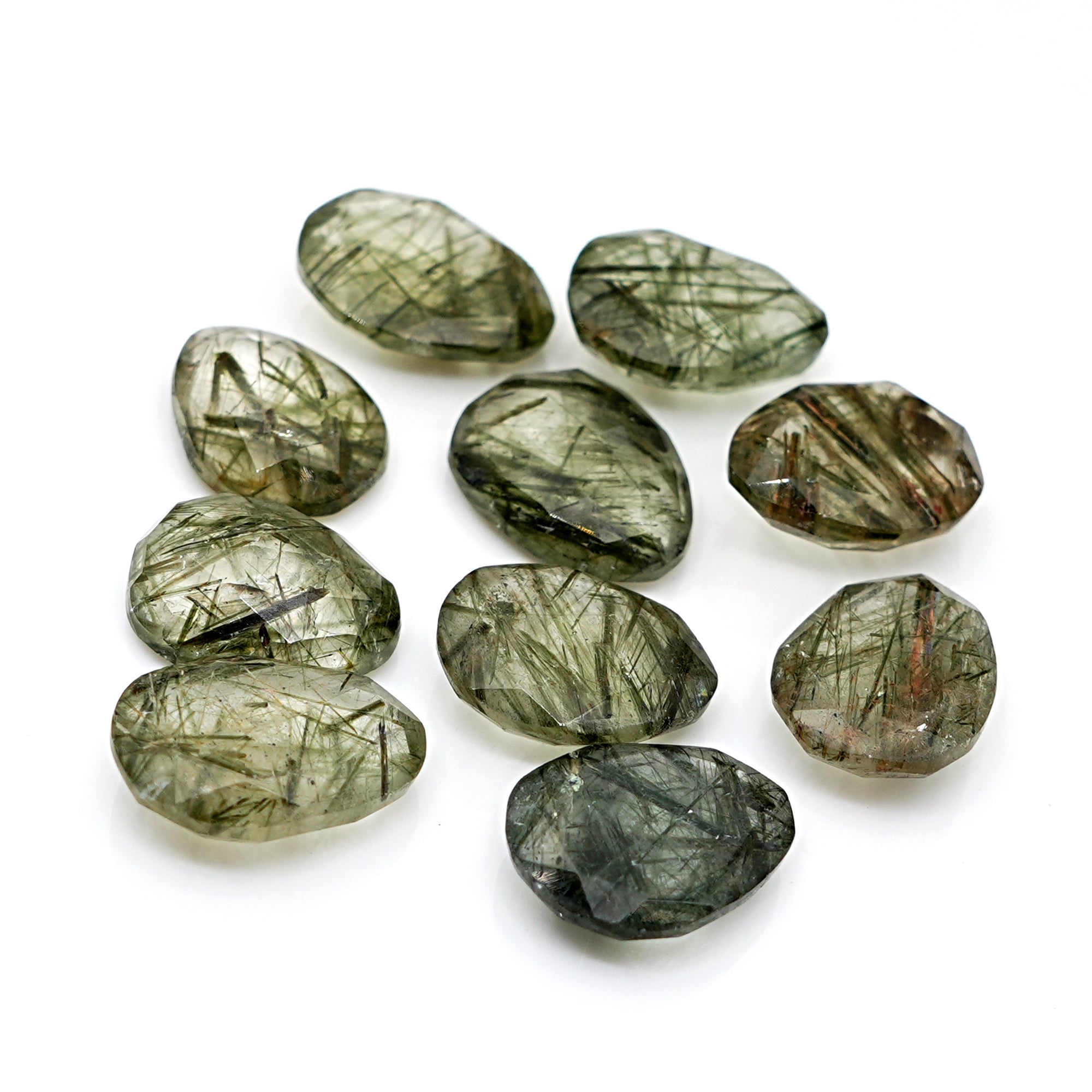 Natural Green Rutilated Quartz Rosecut Cabochons | Freeform Gemstones for Jewelry Making - 10 Pieces