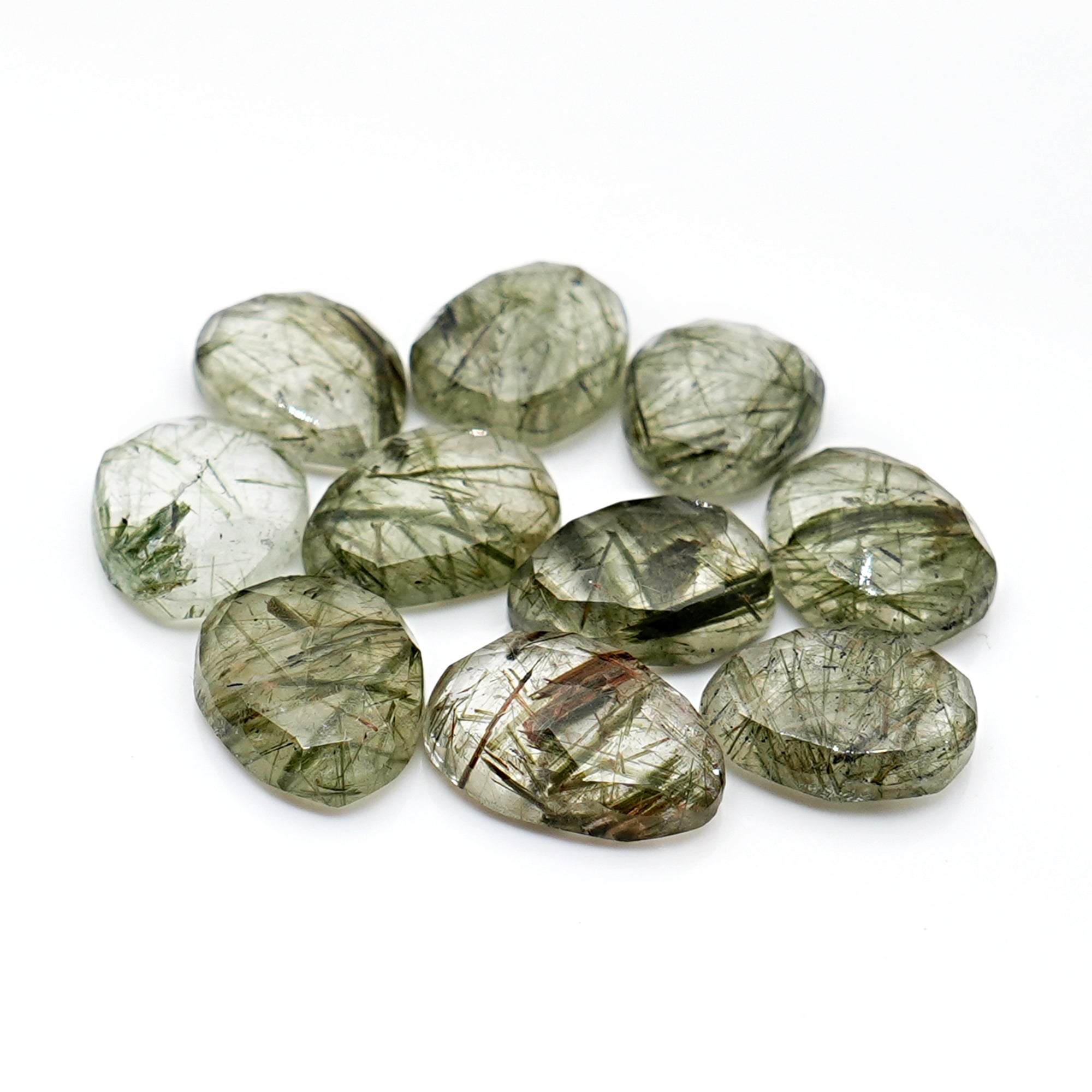 Green Rutilated Quartz Rosecut | Freeform Faceted Cabochons for Jewelry Making - 10 Pieces