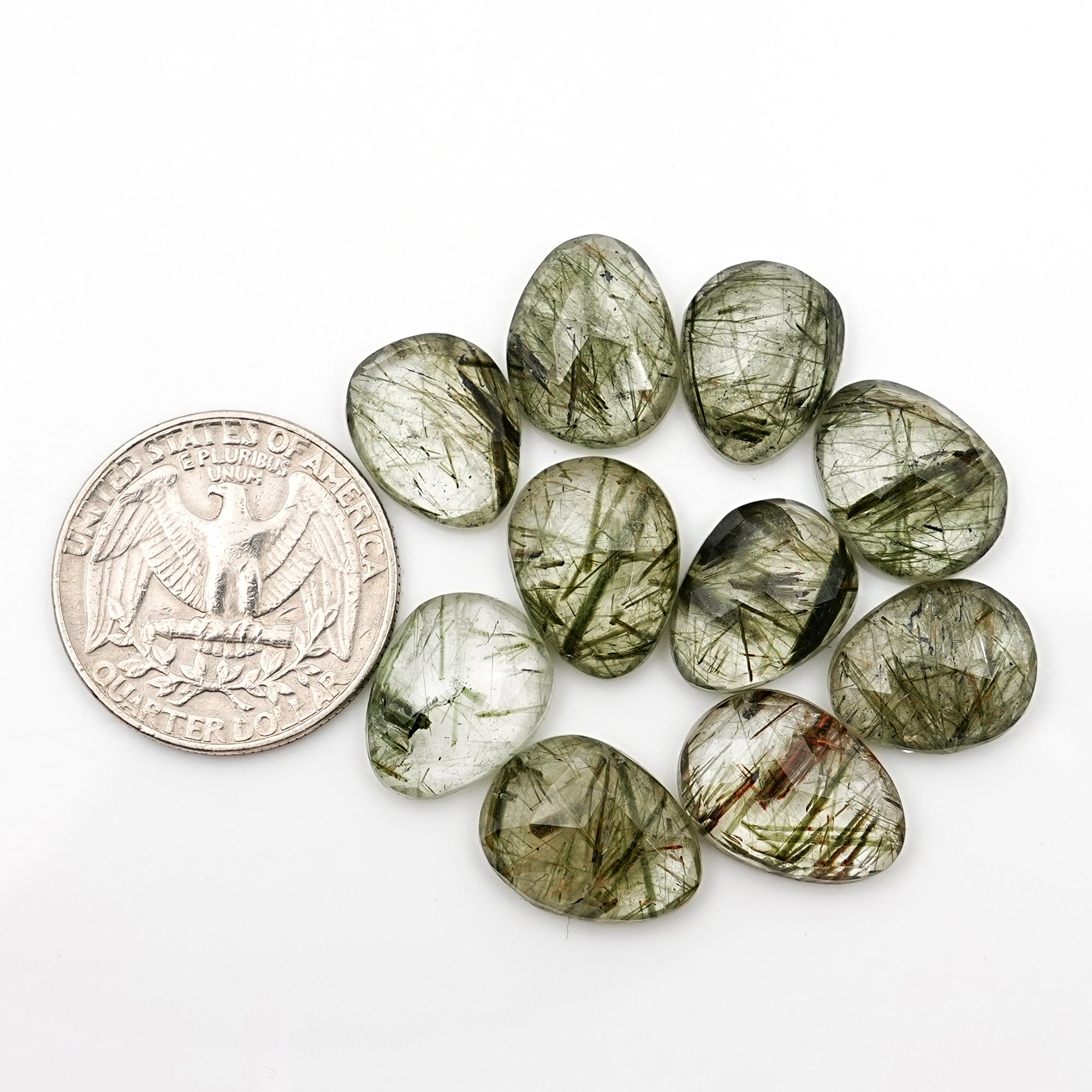 Green Rutilated Quartz Rosecut | Freeform Faceted Cabochons for Jewelry Making - 10 Pieces