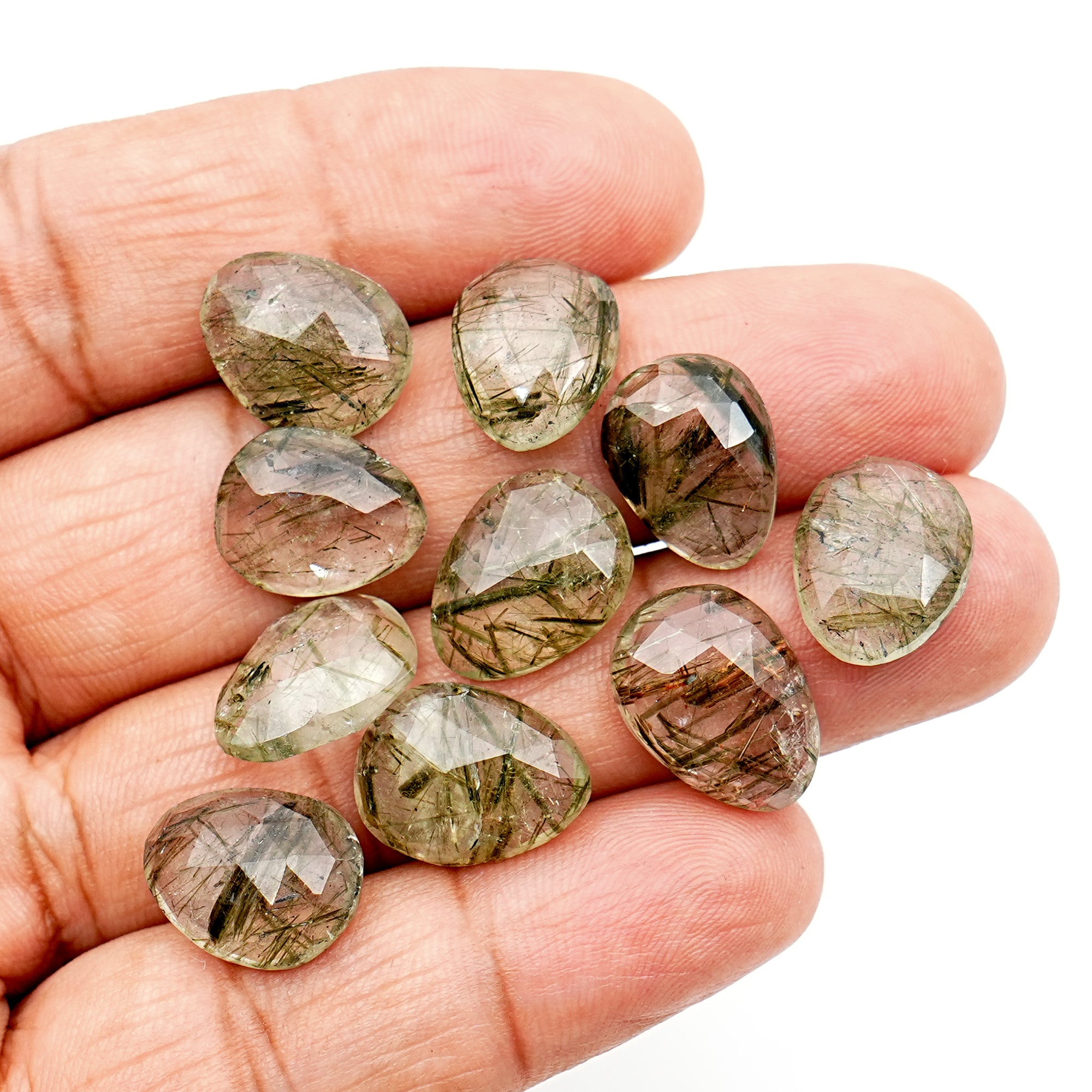 Green Rutilated Quartz Rosecut | Freeform Faceted Cabochons for Jewelry Making - 10 Pieces