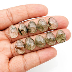 Green Rutilated Quartz Rosecut | Freeform Faceted Cabochons for Jewelry Making - 10 Pieces