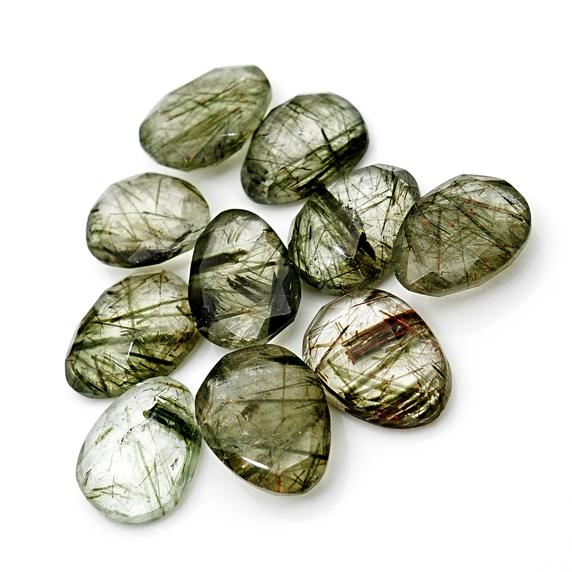 Green Rutilated Quartz Rosecut | Freeform Faceted Cabochons for Jewelry Making - 10 Pieces