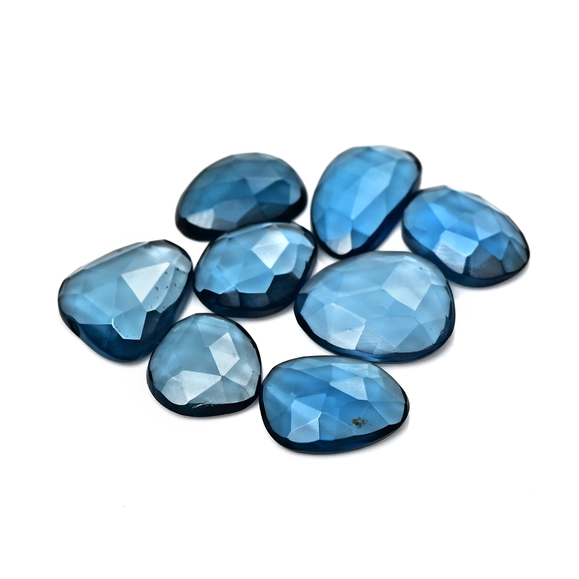 Natural London Blue Topaz Rose Cut Gemstones | Deep Ocean Spark in Freeform Shape - 8 Pieces