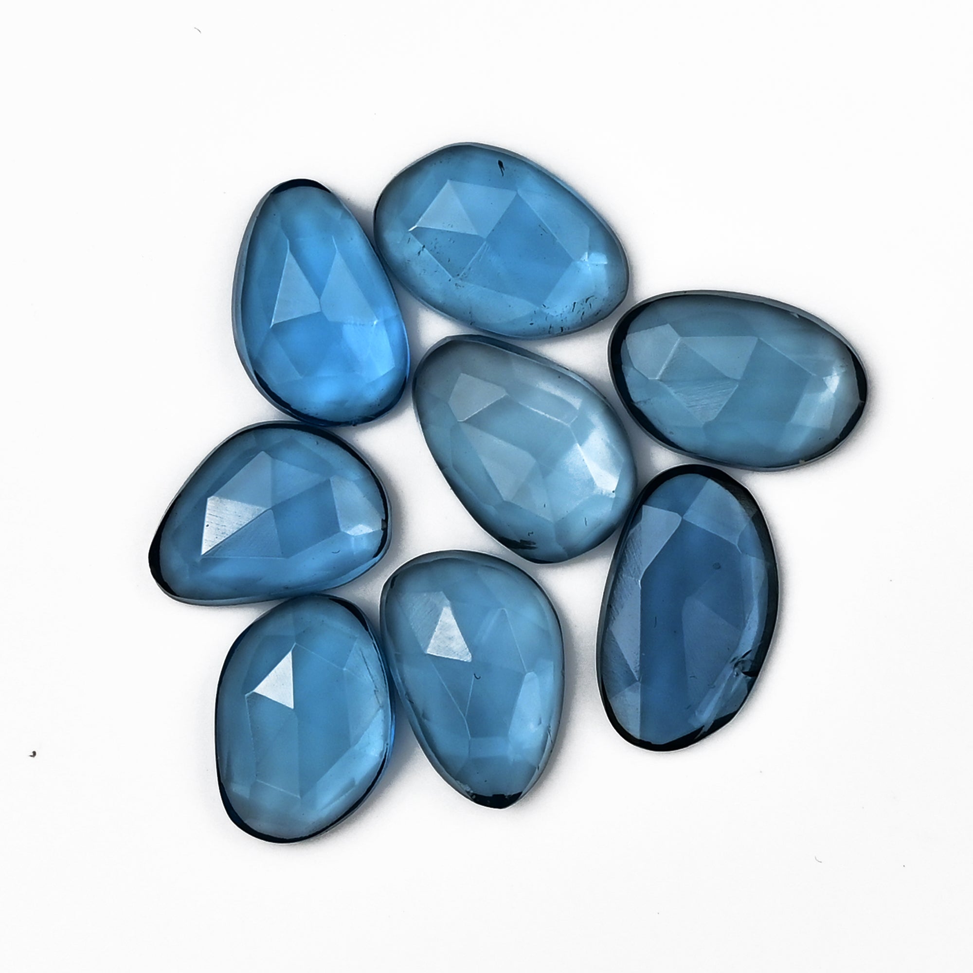 London Blue Topaz Rose Cut Gemstones | Deep Ocean Spark in Freeform Shape - 8 Pieces