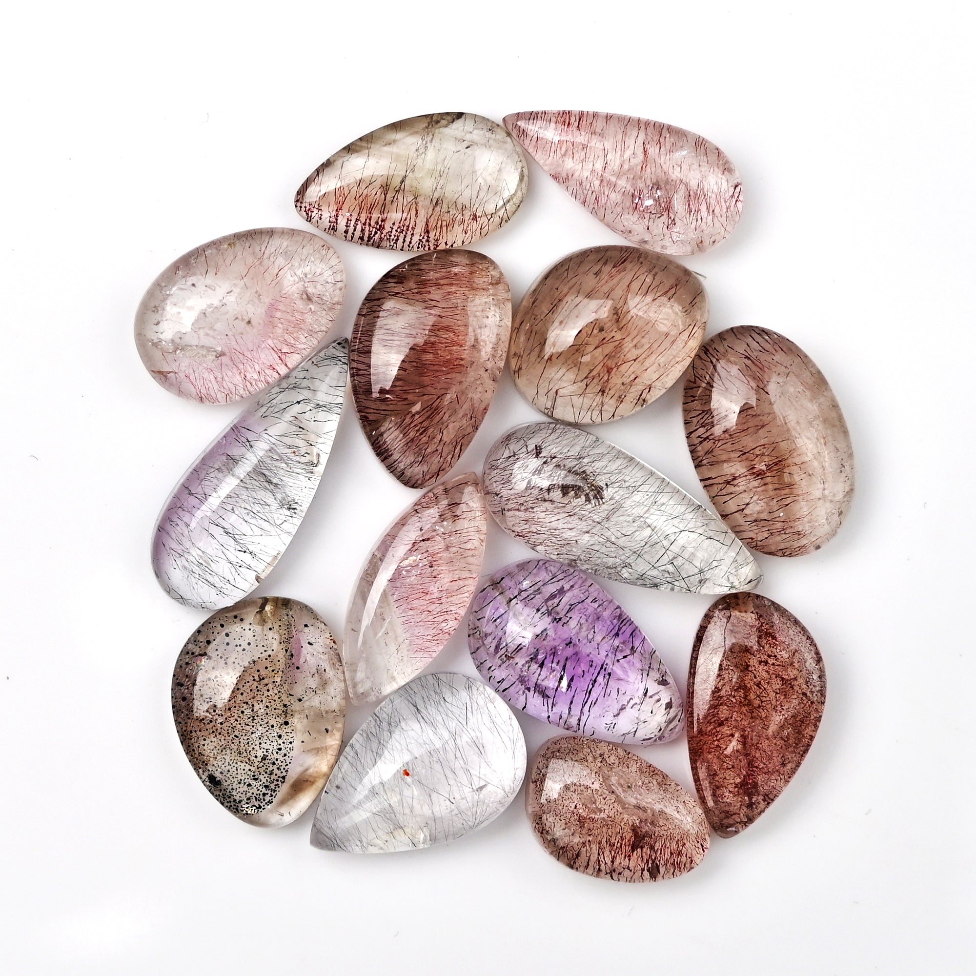 Super Seven Smooth Mix Shape Cabochons | Natural Melody Stone for Jewelry Making - 14 Pieces