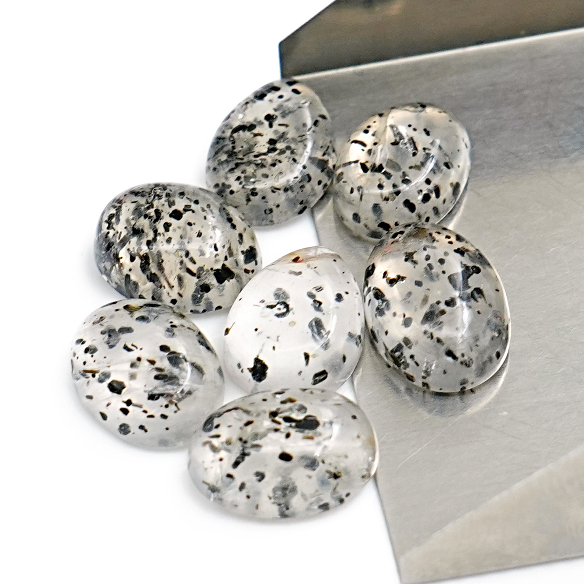 Black Dot Rutile Smooth Cabochons | Freeform Gems with Natural Inclusions For Jewelry Making - 7 pieces