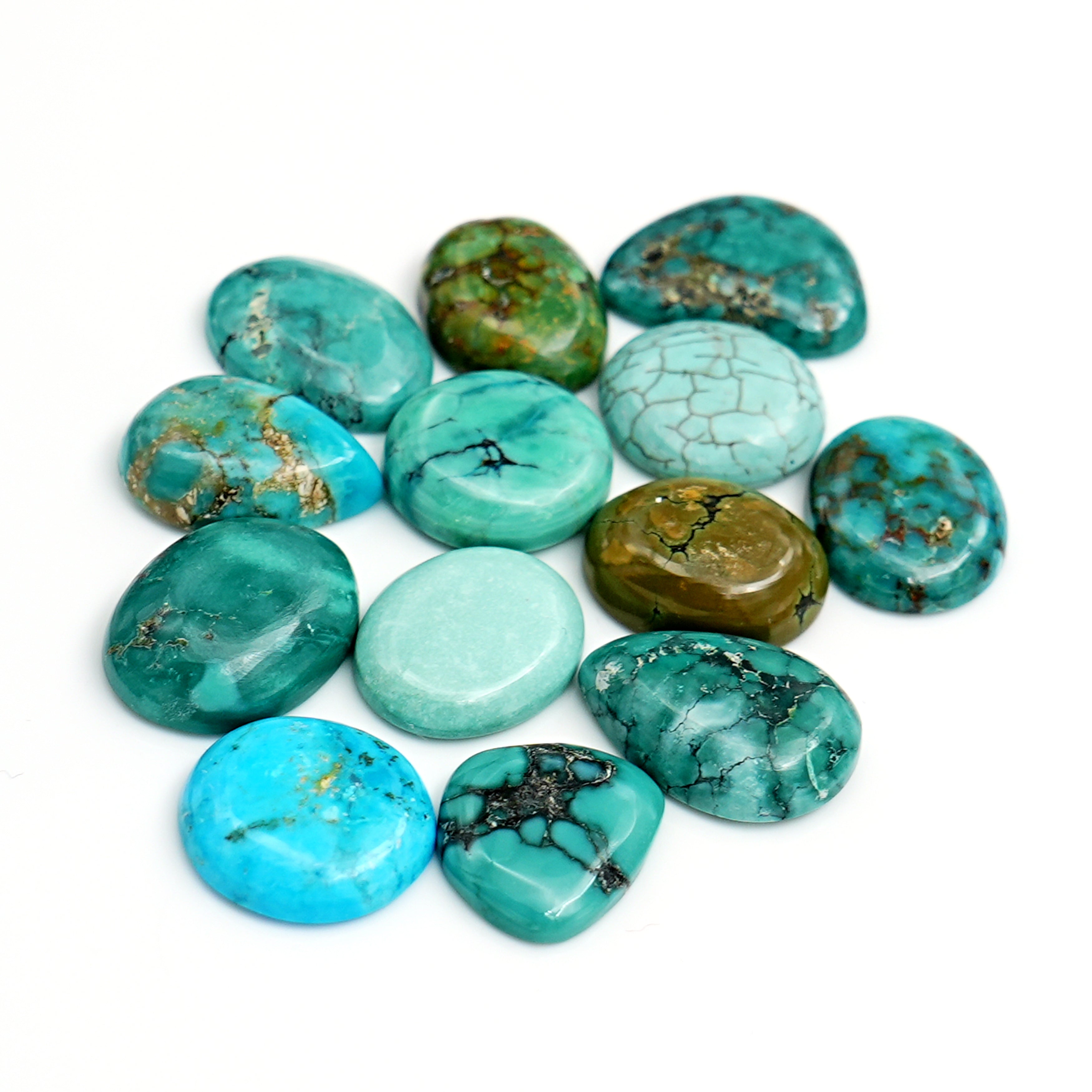 Natural Tibetan Turquoise Cabs | Freeform Blue-Green Gemstones for Jewelry - 13 Pieces