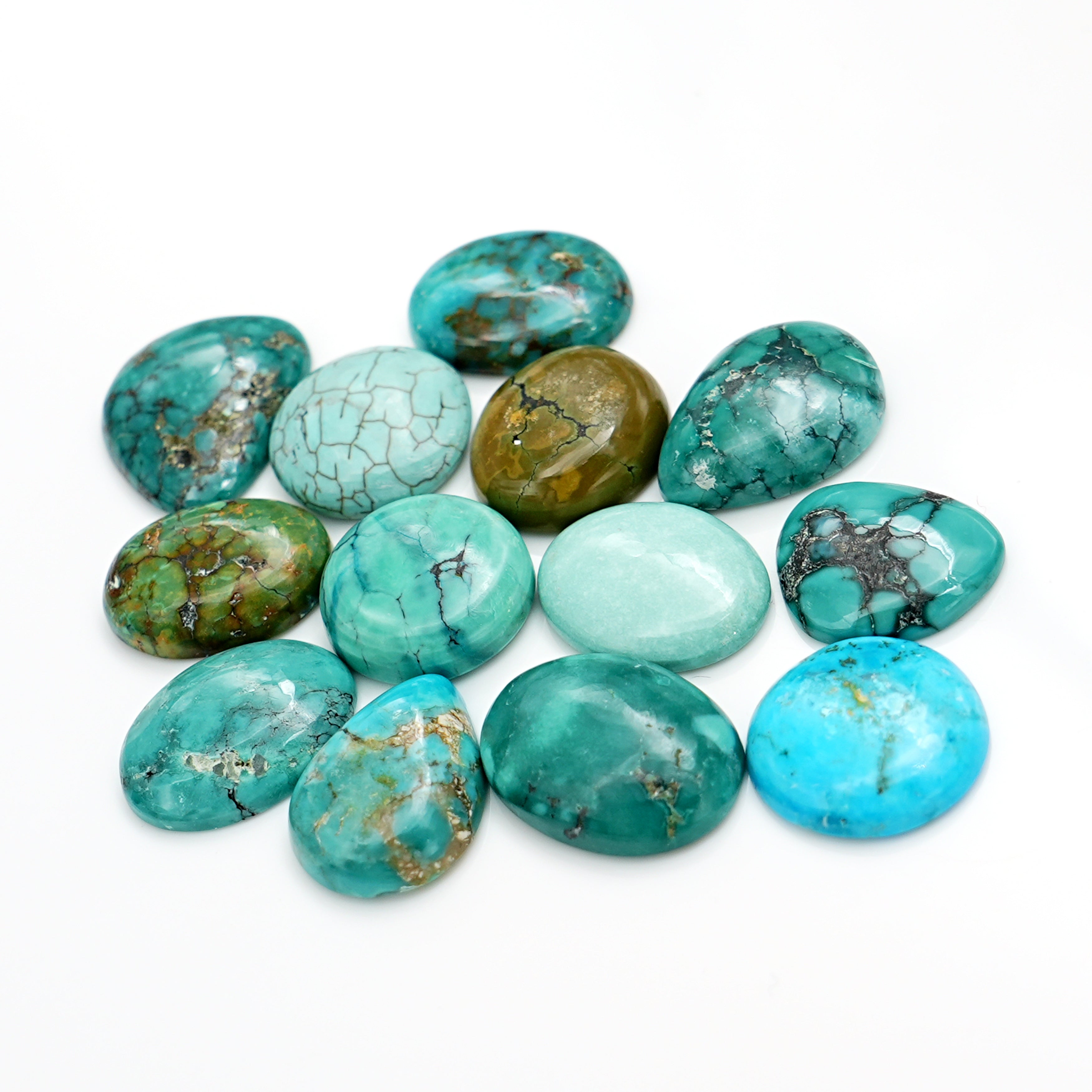 Natural Tibetan Turquoise Cabs | Freeform Blue-Green Gemstones for Jewelry - 13 Pieces