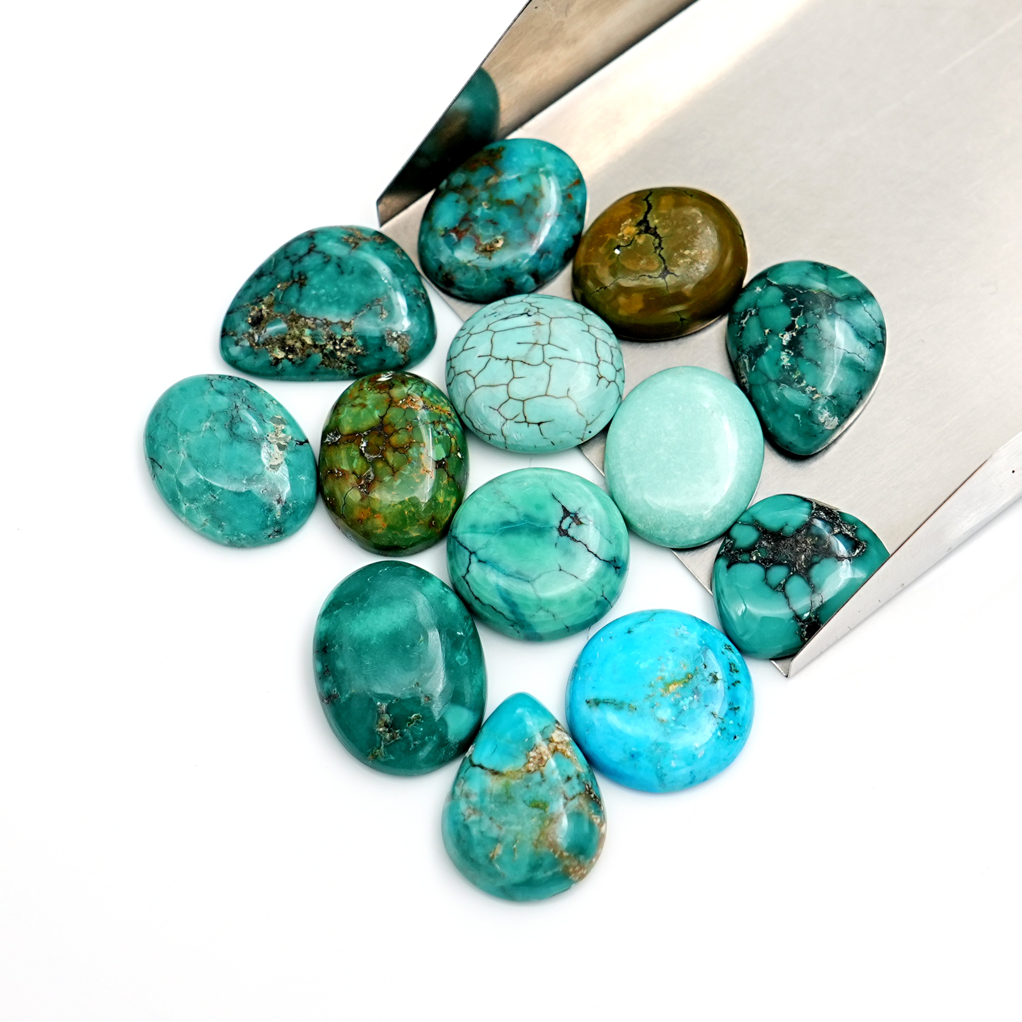Natural Tibetan Turquoise Cabs | Freeform Blue-Green Gemstones for Jewelry - 13 Pieces