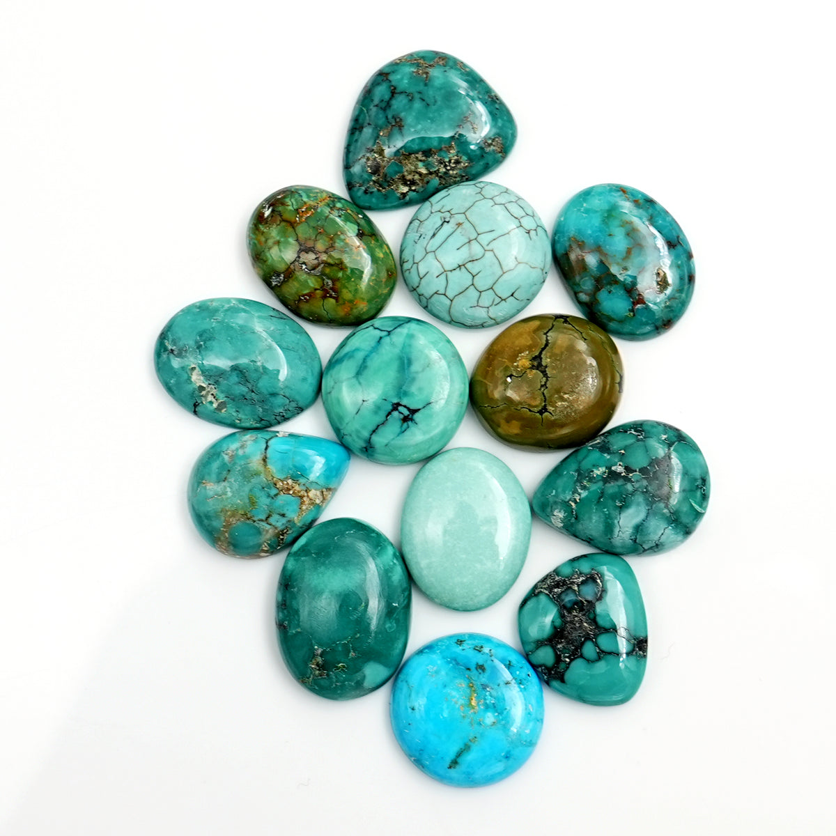 Natural Tibetan Turquoise Cabs | Freeform Blue-Green Gemstones for Jewelry - 13 Pieces