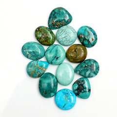 Natural Tibetan Turquoise Cabs | Freeform Blue-Green Gemstones for Jewelry - 13 Pieces