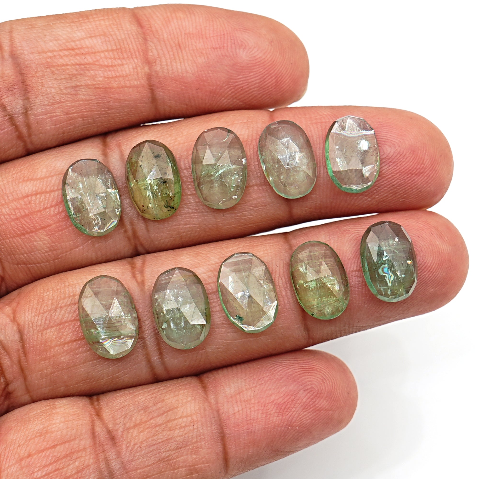Green Kyanite Rose Cut Cabochons | Faceted Oval Gems for Jewelry Making - 10 pieces