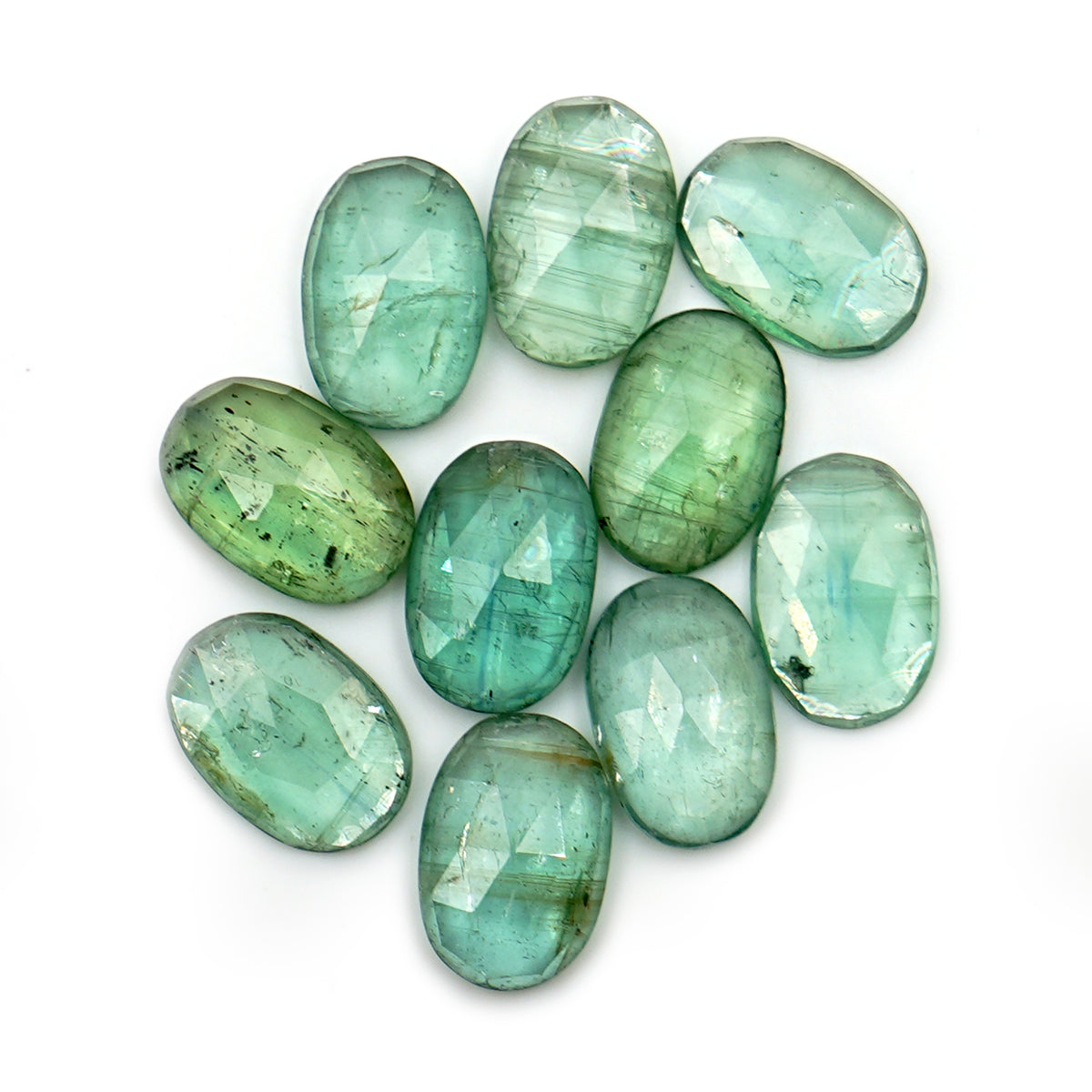 Green Kyanite Rose Cut Cabochons | Faceted Oval Gems for Jewelry Making - 10 pieces